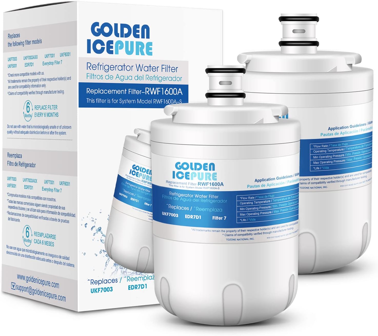 GOLDEN ICEPURE RWF1600A Refrigerator Water Filter Replacemnt for UKF7003 UKF7003AXX, UKF7001, Everydrop EDR7D1, FILTER 7, WF288, WSM-1, JCD2389GES, 2 PACK