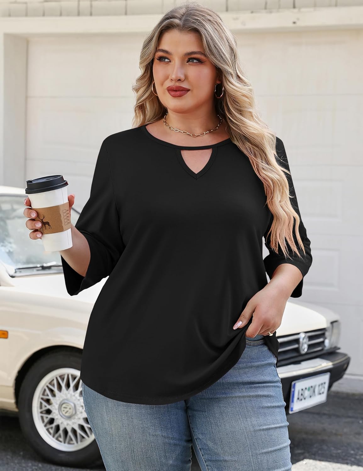 Rapbin Womens Plus Size Tops 3/4 Length Sleeve Shirts Crewneck Dressy Casual Blouses Trendy Keyhole Tunic Top XL-5XL - Image 2