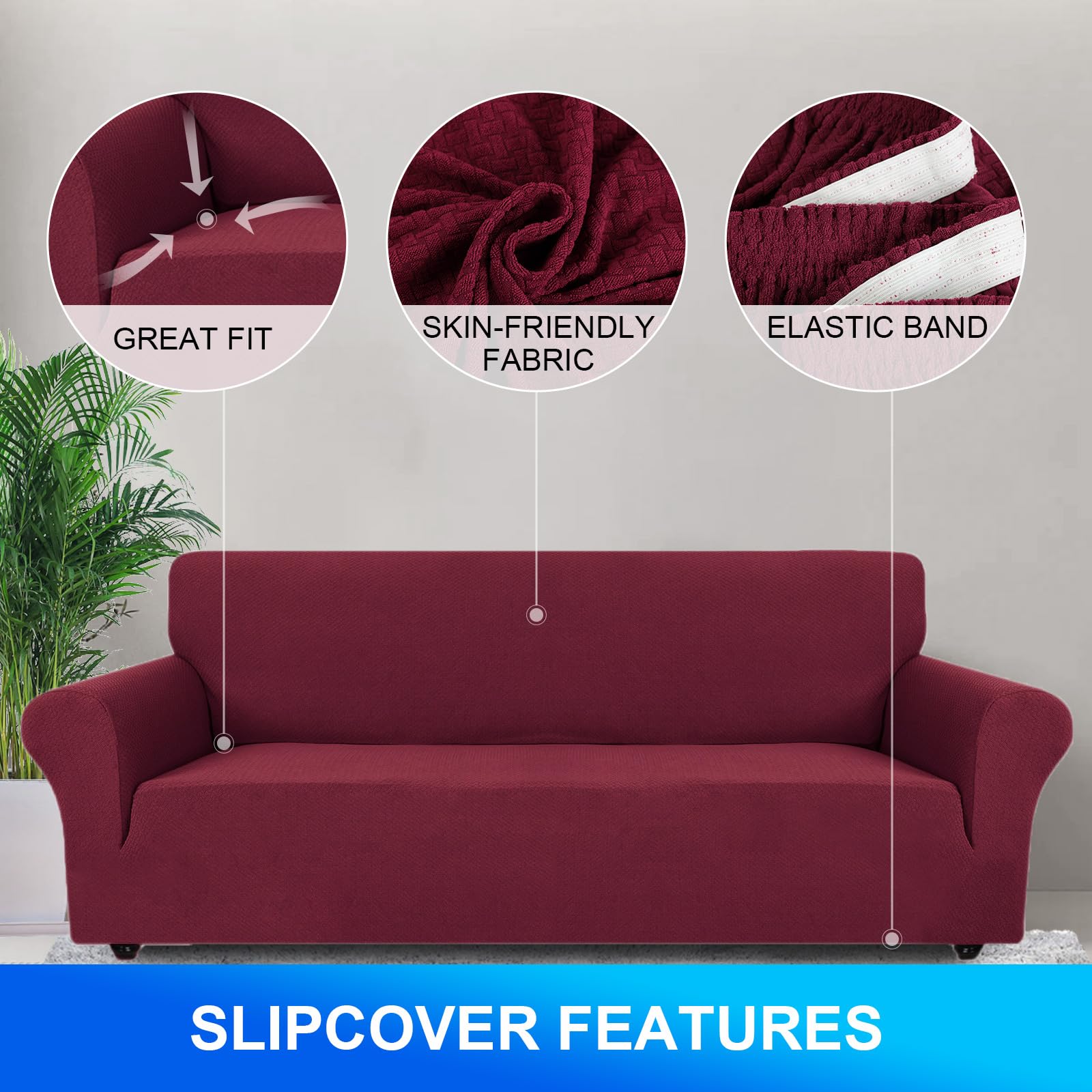 CYCMACO Copridivano 3 Posti Con Braccioli, Copridivani Elasticizzato Antiscivolo, Universale Moderno Copri Divano Antigraffio, Sofa Cover Antimacchia, Lavabile In Lavatrice, Borgogna