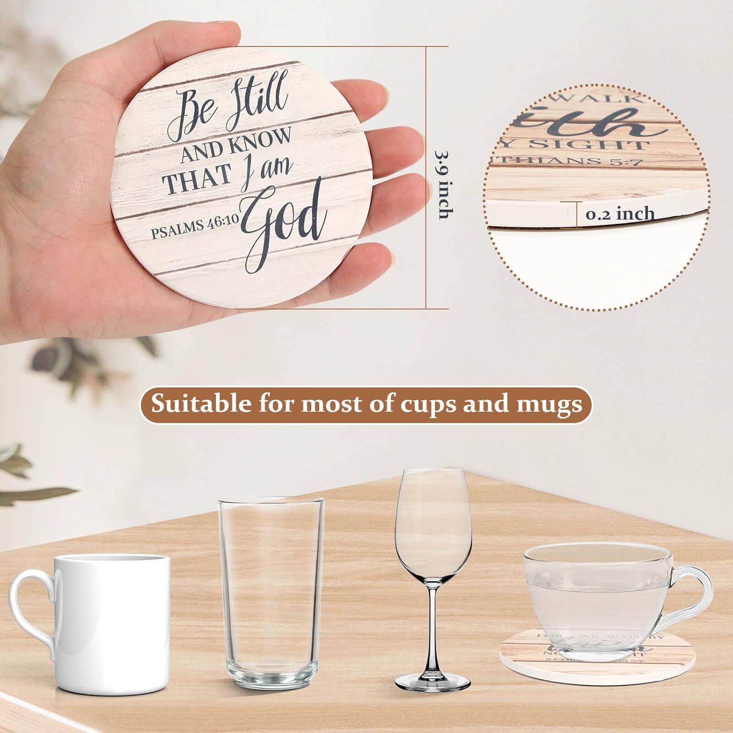 Billbotk Ceramic Coasters with Bible Verses, Christian Coasters Set of 8 with Holder, Absorbent Drink Coasters for Christian Gifts and Home Decor, 4 Inches - Image 3