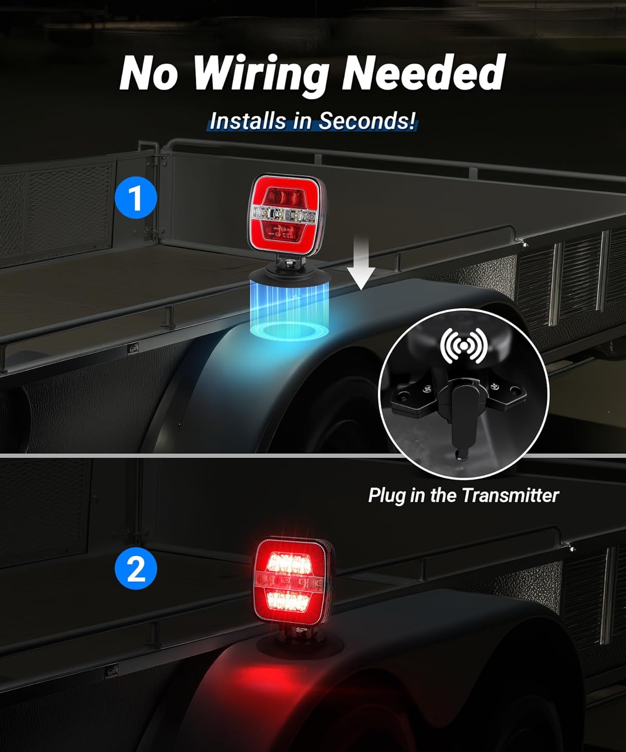 Wireless Trailer Lights Kit for Truck 12-24V Work as Stop Turn Running Backup Reverse Red w/ 7 Pin Plug Dual USB Cable Charger
