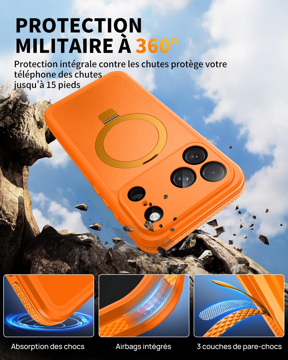 Cover per iPhone 17 Pro Max Impermeabile con Supporto Magnetico | 360°Completa Protezione, IP68 Waterproof Compatibile con Magsafe, Subacquea Antiurto Custodia per iPhone 17 Pro Max, Arancia