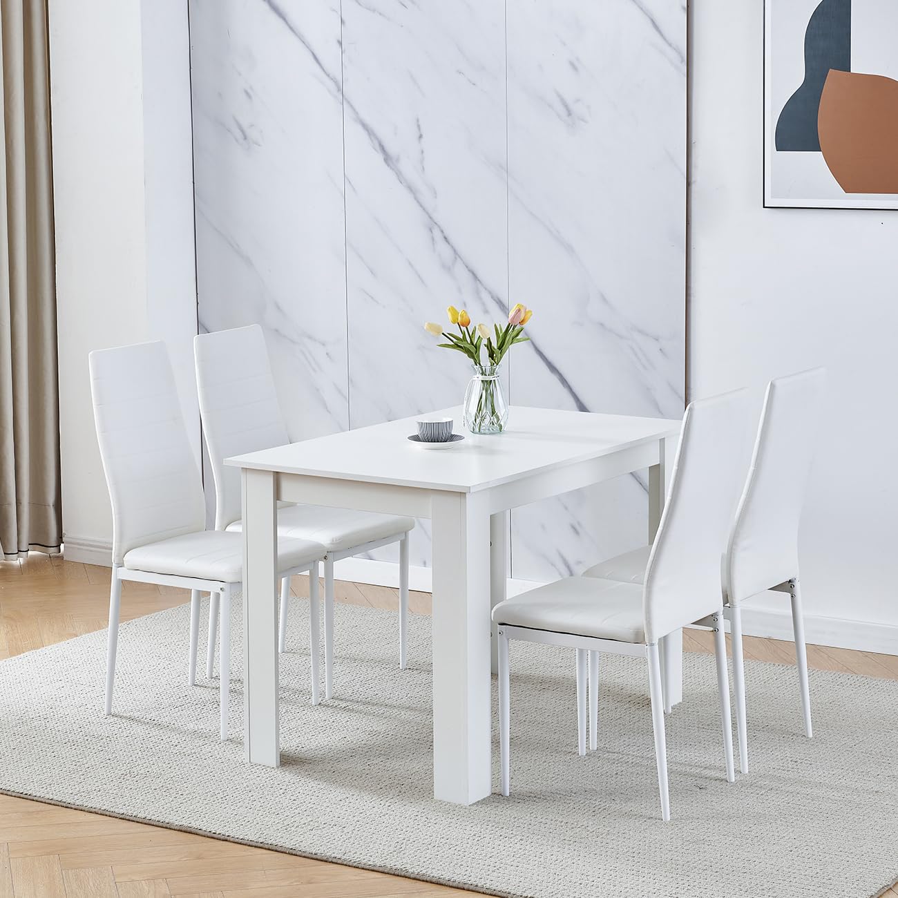 Menaka Wood Dining Table and Chairs Set of 4, Small Rectangular Kitchen Dinner Table with 4 Seaters (line white leather chairs, 110cm white table, 4 seaters)