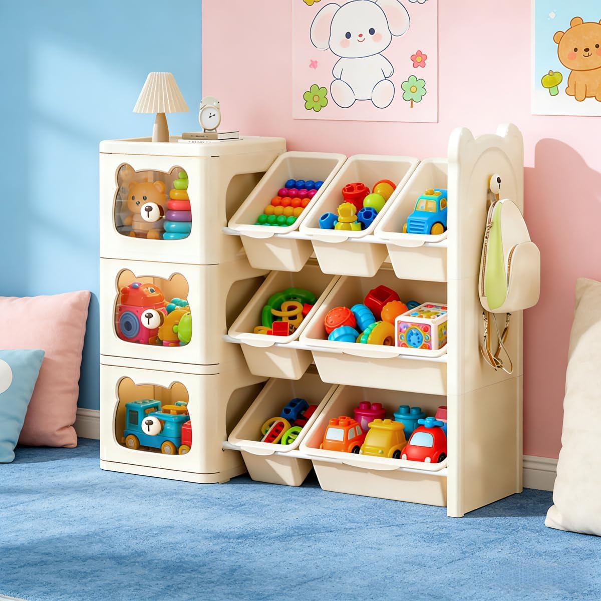 Bookshelf and Toy Storage Organizer,4 Layer Storage Cabinet with 4 Drawers and 10 Removable Storage Bin,Versatile Organizer for Toys, Snacks and Home Essentials,White