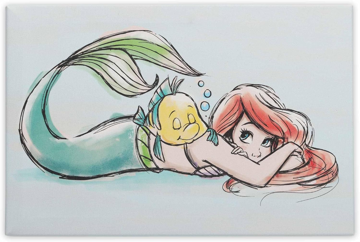 Open Road Brands Disney The Little Mermaid Ariel and Flounder Watercolor Gallery Wrapped Canvas Wall Decor - Beautiful Ariel Wall Art for Home