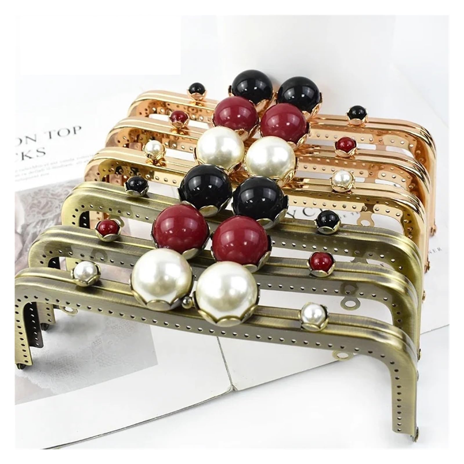 Clutch-Taschenverschluss, 20 cm, Metall-Taschengriff, Retro-Perle, Kussverschluss, Schnalle, Geldbörsenrahmen, DIY, Nähen, Handtaschenhalterungen, Hardware-Zubehör (BS789-RedBrass, 3 Stück)