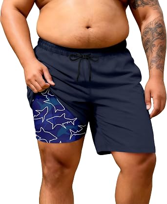 Big and Tall Swim Trunks with Compression Liner Mens 8 Inches Quick Dry Board Shorts Zipper Pockets Bathing Suit