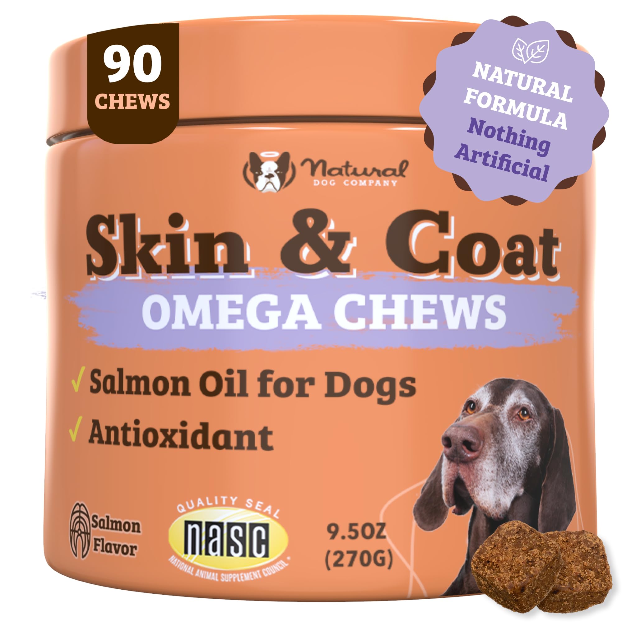 Natural Dog Company Skin & Coat Supplement for Dogs – Omega 3 Salmon Oil, Biotin & Vitamin E Support Shiny Coat, Healthy Skin & Normal Shedding, Promotes Comfort from Occasional Itch, 90 Count