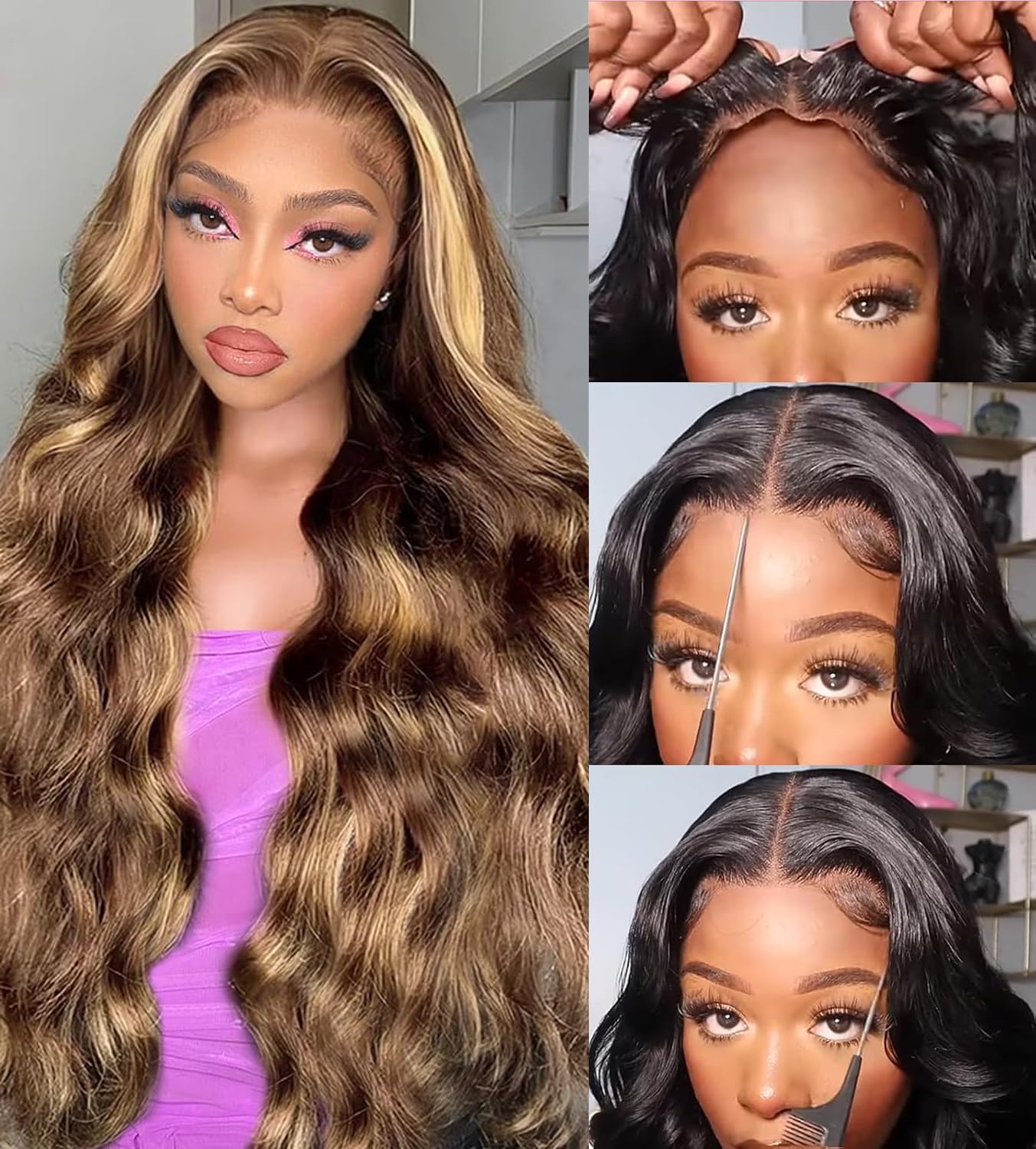 Highlight Human Hair Wig Pre Cut 6x4 Transparent hd Lace Body Wave Human Hair Wig 200% Density 26 Inch Ombre Lace Front Wig Beginner Friendly Wear And Go Glueless Honey Blonde