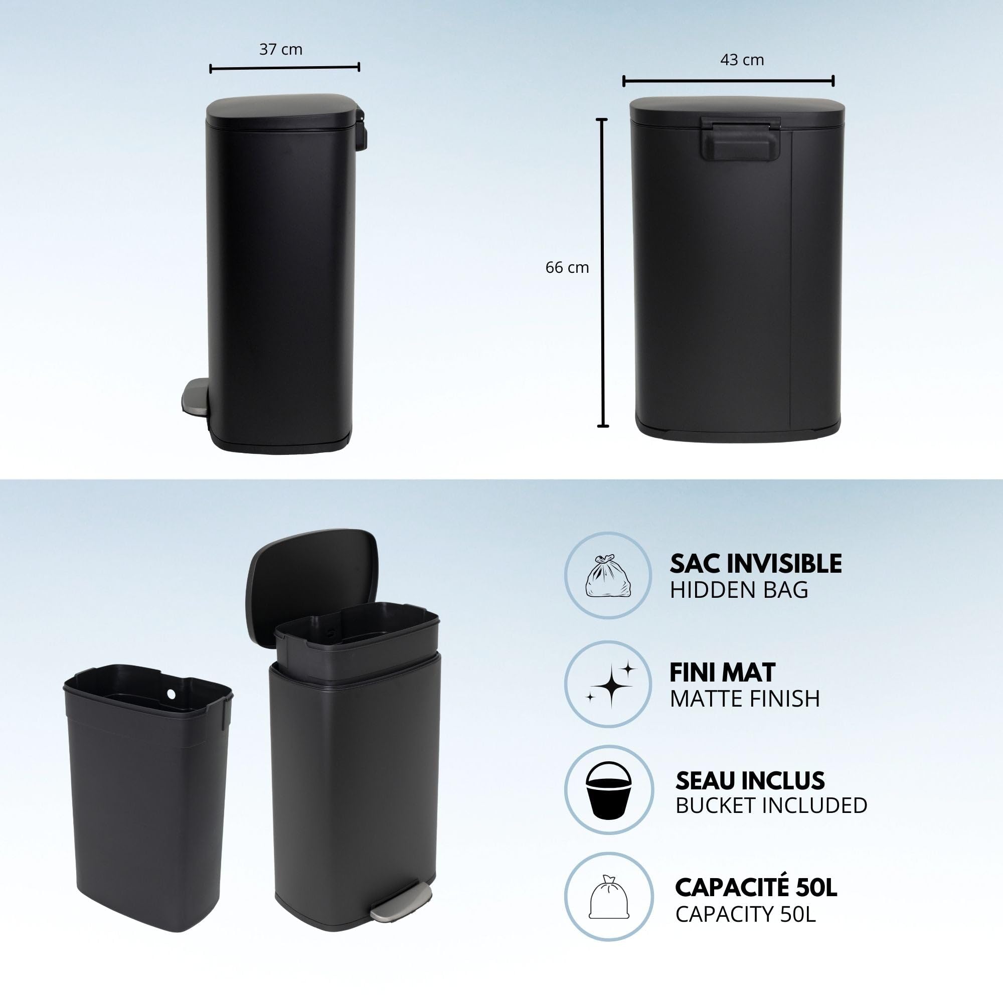 KITCHEN MOVE, Cubo de Cocina de Pedal 50 L Admiral Negro
