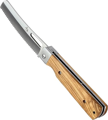 Miniatura 5 de SENBON Cuchillo de bolsillo plegable de acero inoxidable 440A con sierra para pan japonés, mango natural de oliva, para camping al aire libre,