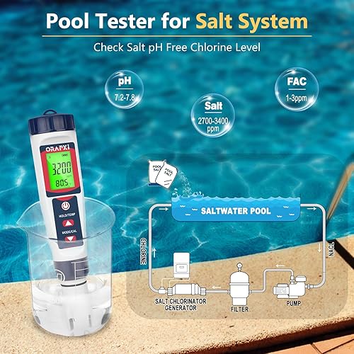 Miniatura 3 de Probador de sal de piscina, probador de cloro sin cloro, medidor de pH digital para piscina, 7 en 1, pH sin sal, cloro, ORP, TDS EC, probador de