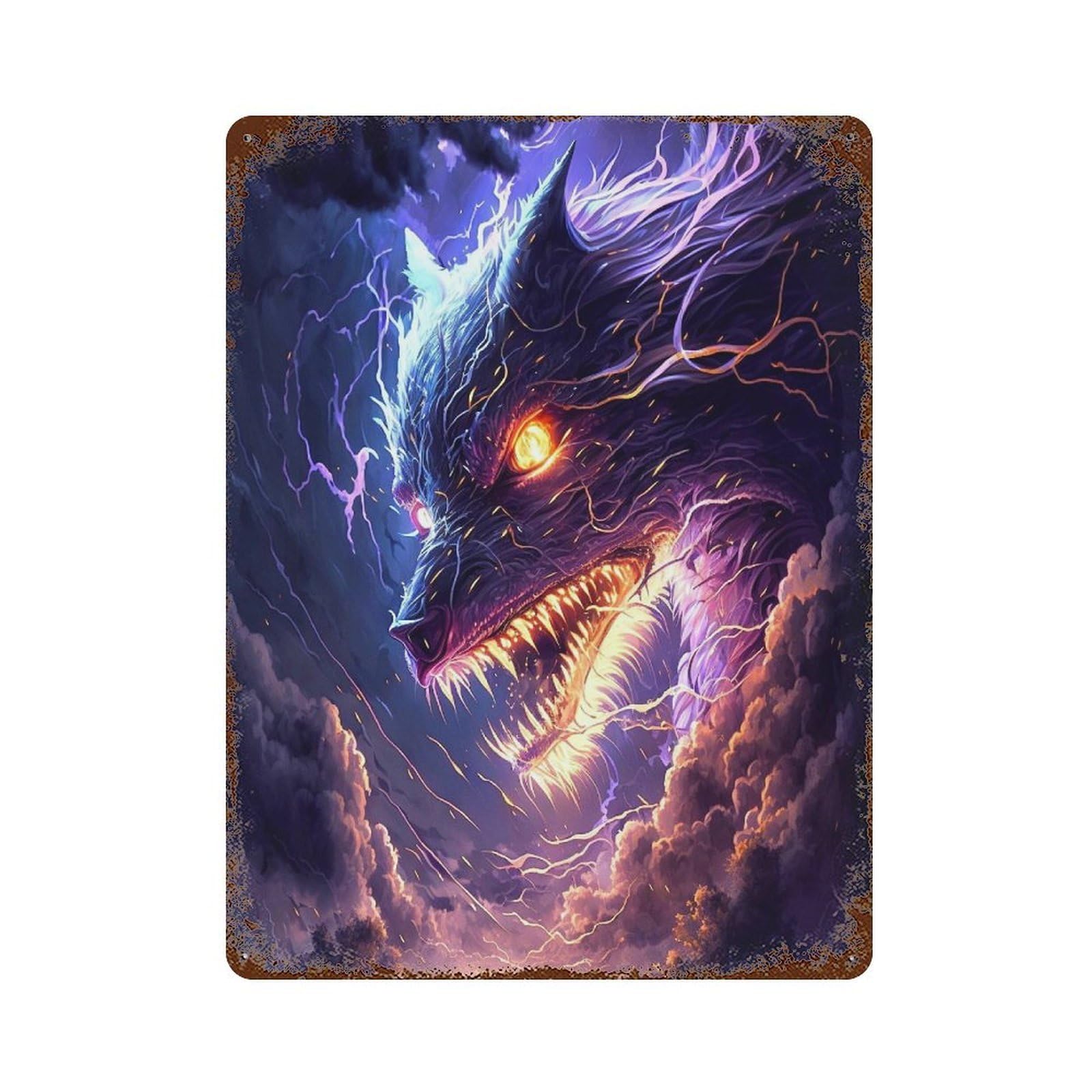 Garage Style Thunder Dragon Artwork Rusty Metal Tin Sign 15.7"x11.8", Classic Wall Plaque for Bar And Workshop