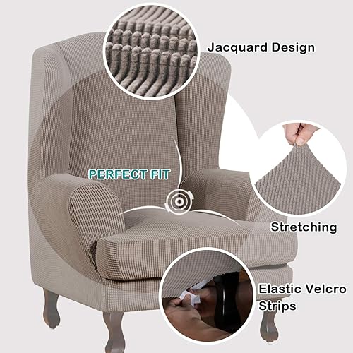 Miniatura 3 de Turquoize Funda elástica para silla con respaldo de ala, protector de muebles de 2 piezas con funda otomana, color gris pardo