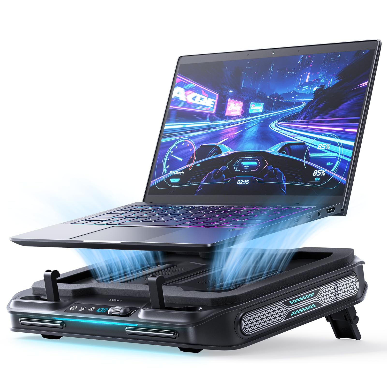 llano V11 Pro Base raffreddante per laptop, supporto di raffreddamento con turboventola da 4,7 pollici, per notebook da 14 a 17,3 pollici, velocità regolabile, antipolvere, hub USB a 3 porte, Nero