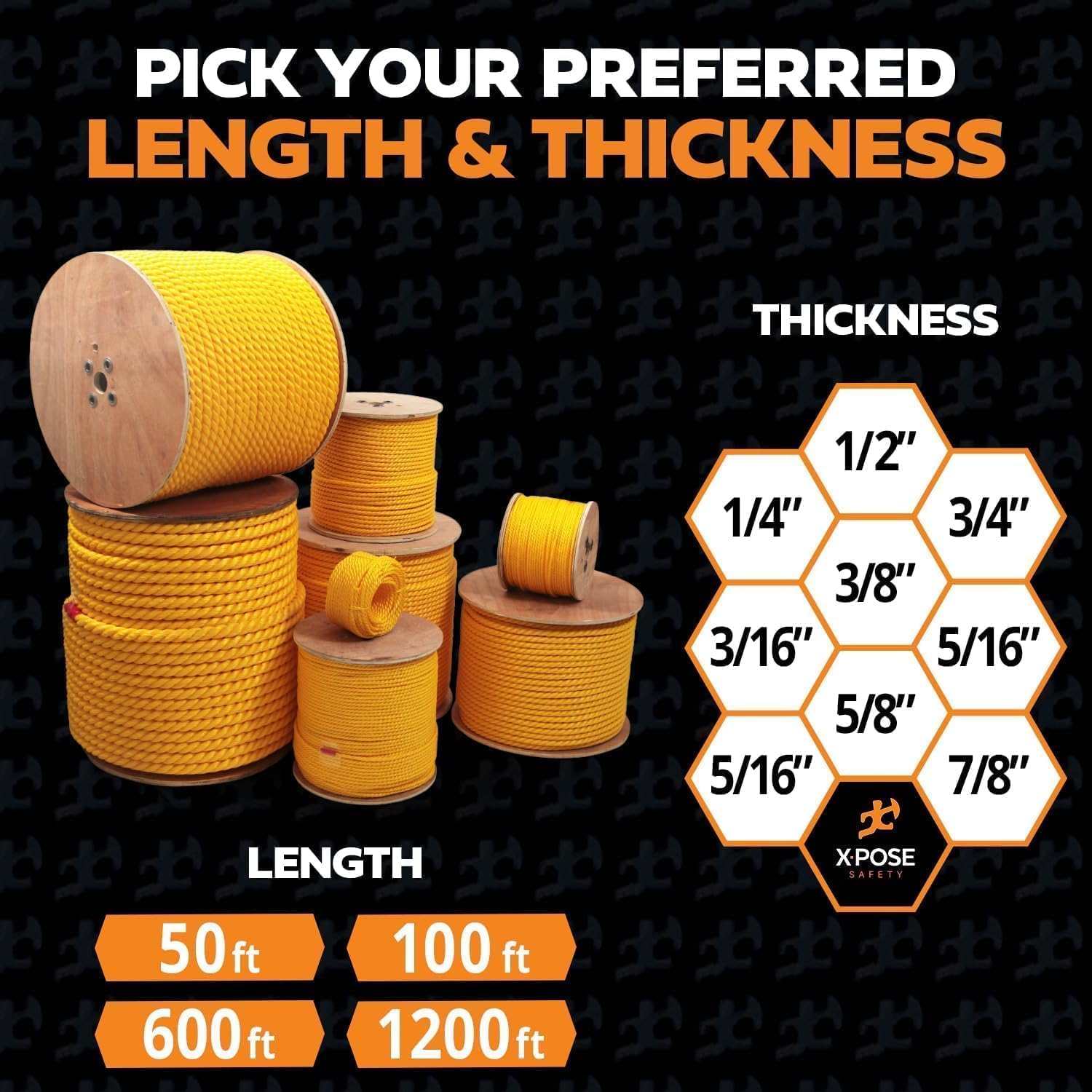 Yellow Twisted Polypropylene Rope, 1/2" Thickness x 600' Length Heavy Duty Poly Ropes for Outdoor and Marine Use, Yellow Rope for Visibility & Safety