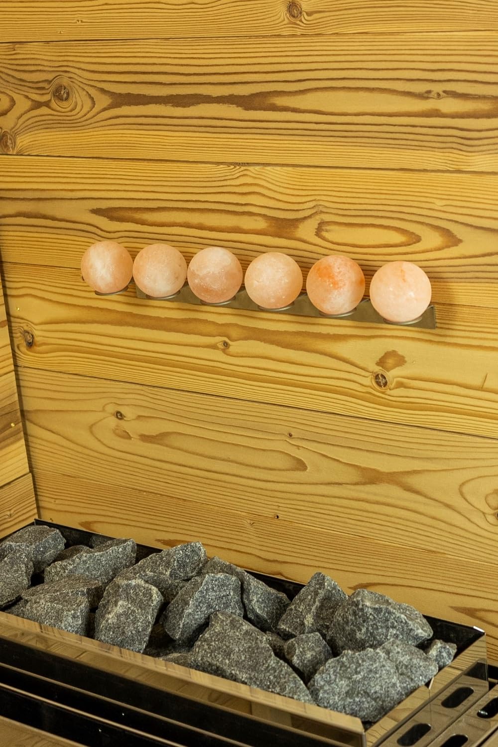 Boules de sel de l'Himalayan avec support mural en acier inoxydable - Purificateur d'air naturel pour sauna (3 pièces avec support mural)