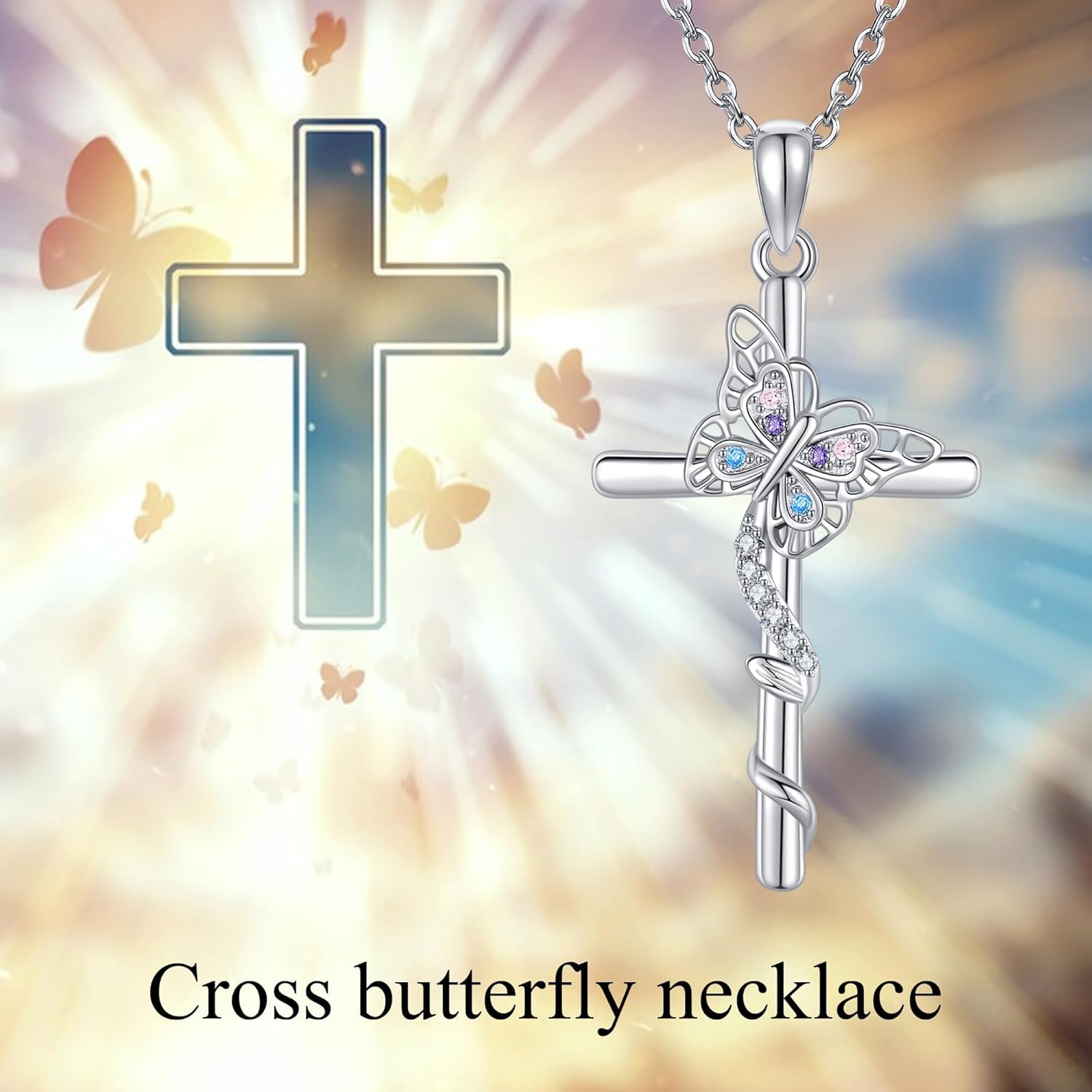 Butterfly Cross Necklace 925 Sterling Cross Pendant Butterfly Jewelry Present for Women - Image 6