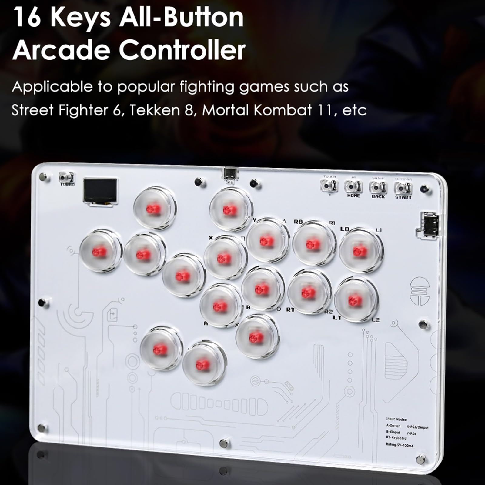 CHANGYUE Teclado de lucha de 16 teclas, arcade mini acrílico, compatible con PC, PS3, PS4, PS5, NS, Steam