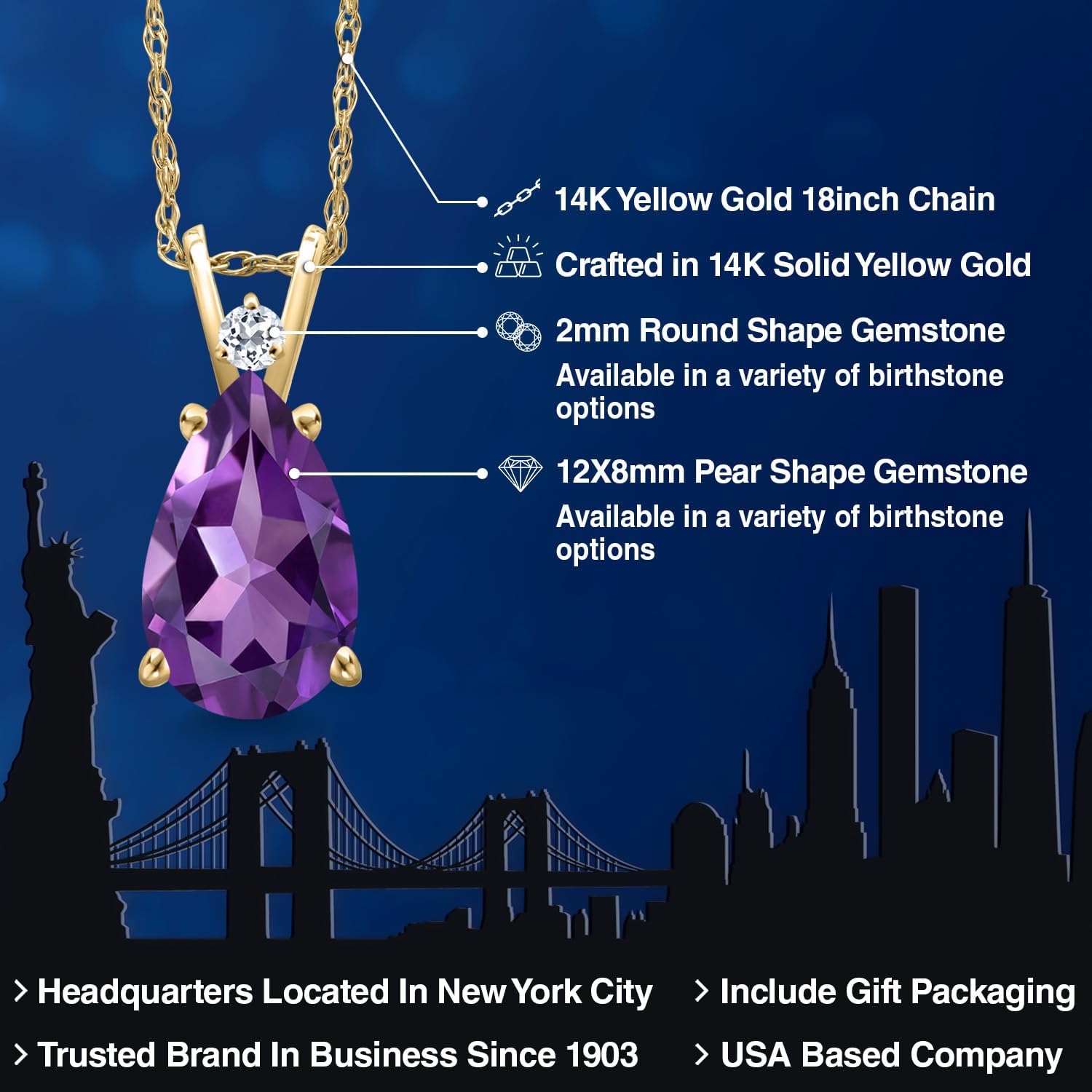 Gem Stone King 14K Yellow Gold Purple Amethyst and White Topaz Pendant Necklace for Women | 2.69 Cttw | Gemstone February Birthstone | Pear Shape 12X8MM | With 18 Inch Chain - Image 2