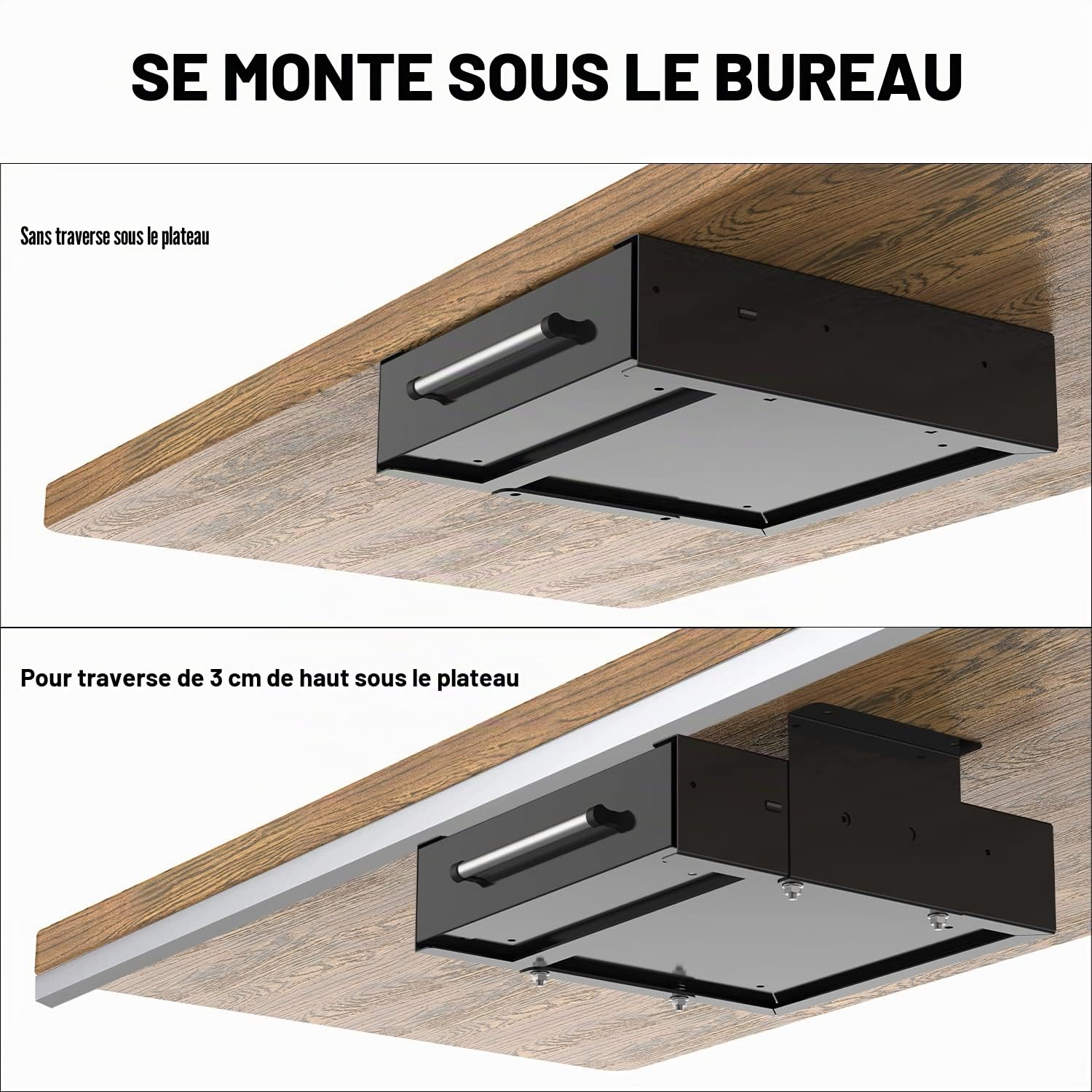 UNITEDPOWER Tiroir de rangement sous le bureau, tiroir de comptoir caché, organiseur coulissant en métal, hauteur de support optionnelle, noir