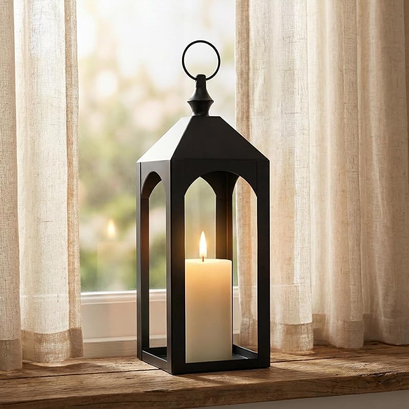 17 Inch Black Metal Outdoor Lantern with Hanging Ring Modern | Farmhouse Candle Lanterns for Porch Patio Fireplace Tabletop Decor No Glass Panel