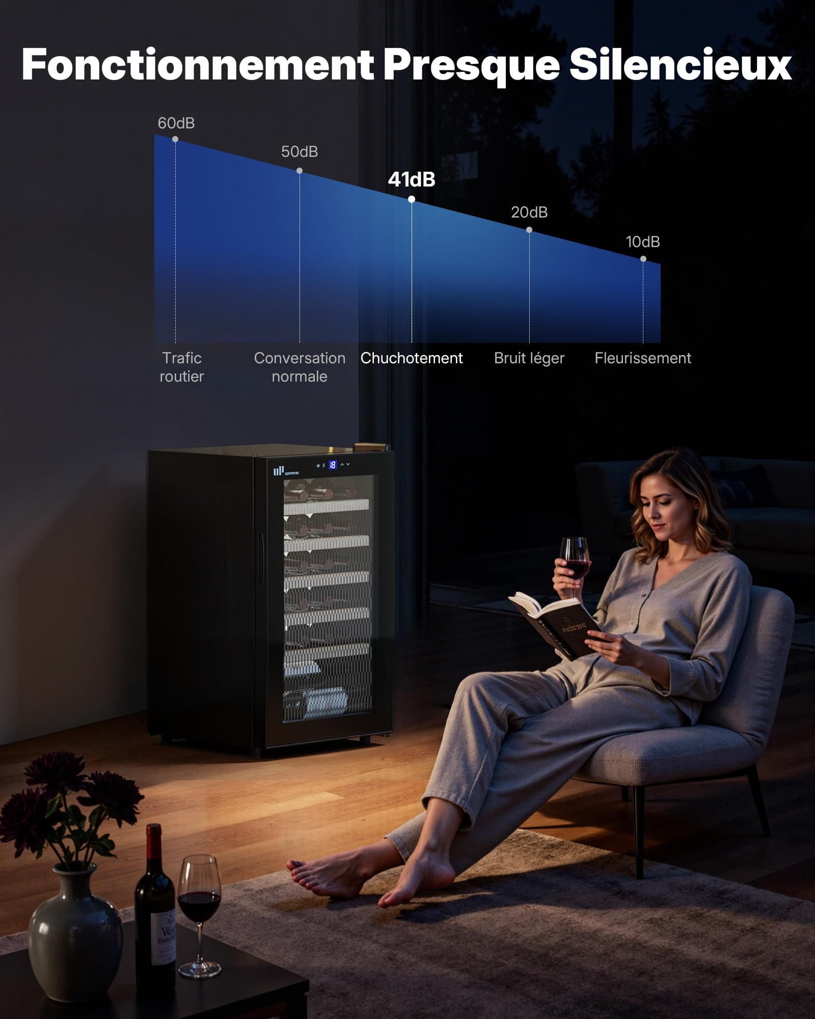 Upstreman W24 Cave à Vin 24 Bouteilles Encastrable Sous Plan Double Vitrage Écran Tactile Éclairage LED 5 Étagères Noir