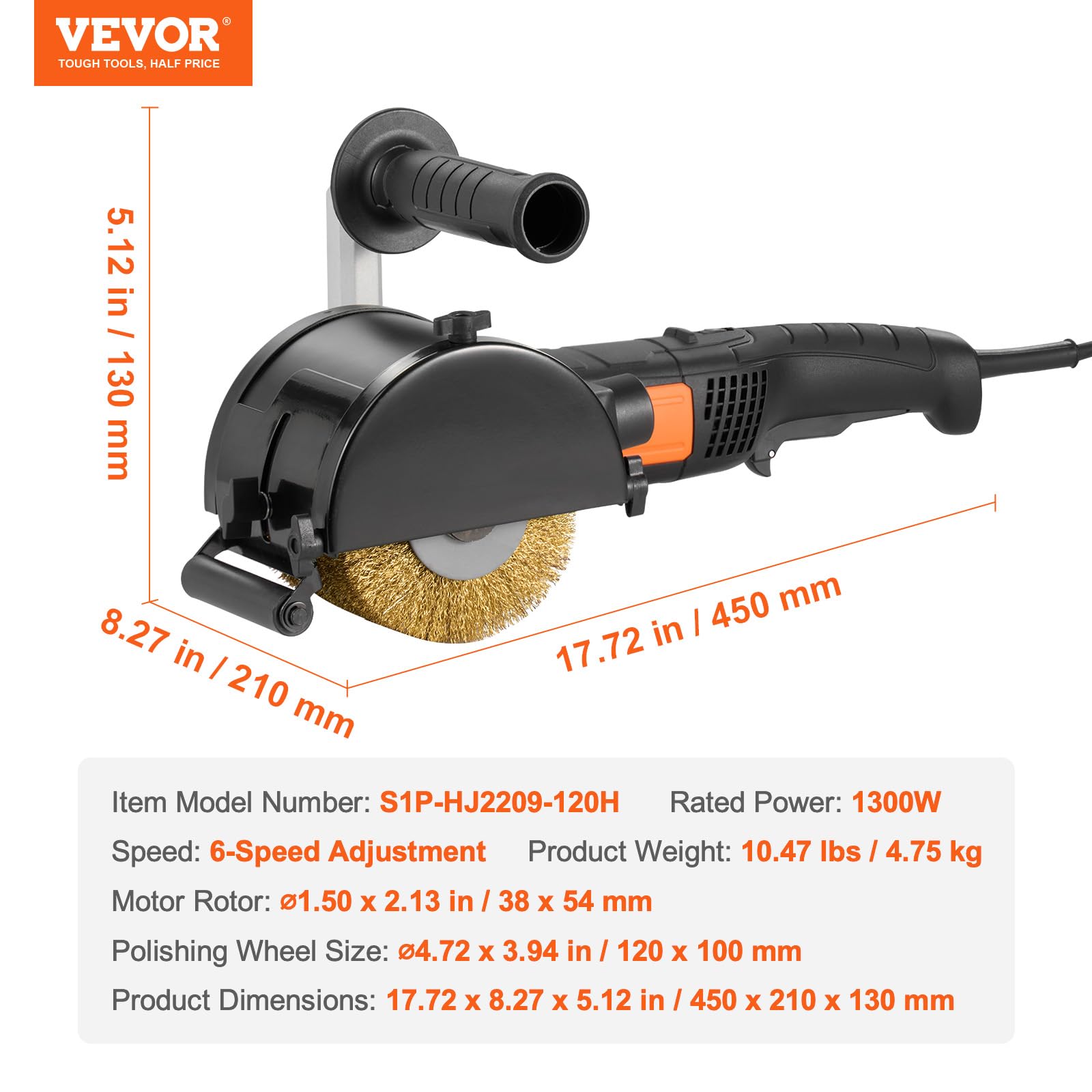 VEVOR Lucidatrice Brunitura 1300 W Strumento per Condizionamento Superficie 6 Velocità Regolabile, Lucidatrice Elettrica Portatile, Mola per Lucidare Filo d'Acciaio, per Acciaio Inox, Metalli, Legno