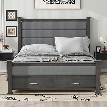 Queen Size Wood Bed Frame with 55" Tall Headboard,Upholstered Platform Bed with 2 Storage Drawers,Wood Slats Support Mattress Foundation,No Box Spring Needed Antique Gray, Queen