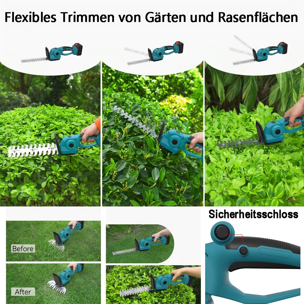 Akku-Heckenschere für Makita Akkus,2-in-1 Akku Grasschere und Strauchschere | Elektrische Gartenschere mit 2x2,0Ah Batterien & Ladegerät,Schnittbreite 12cm, Schnittlänge 23cm, für Garten,Hof und Rasen