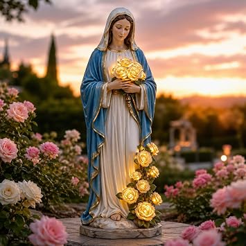 Virgin Mary Garden Light, Solar Outdoor Mary Garden Statue with LED Glowing Roses Blessed Mother Garden Statue Light for Catholic Christian Yard Decor, Memorial Gift for Women Mom Grandma Mother