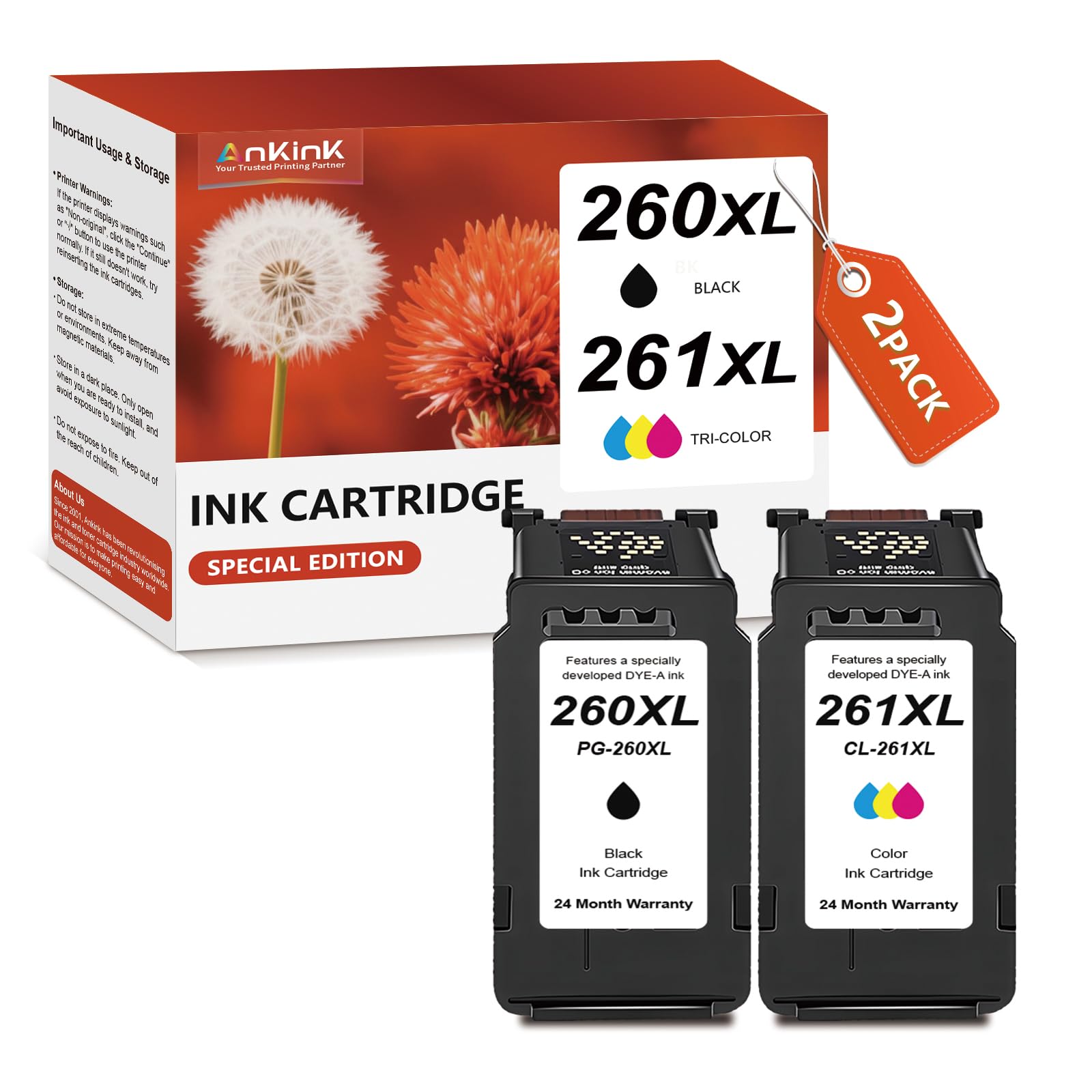Ankink Higher Yield PG-260XL and CL-261XL Replacement for Canon 260 and 261 Ink Cartridges for Canon TS5300 TS5320 TS6400 TS6420 TS6420a TR7020 TR7020a TR7022 All-in-One Wireless Printer