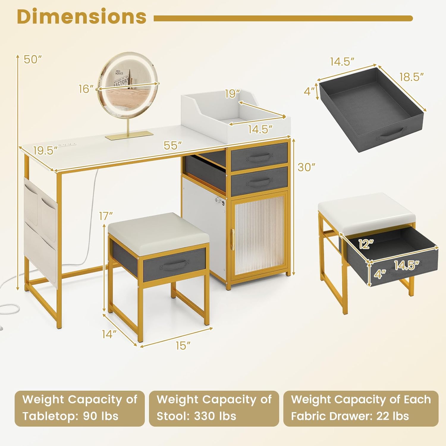 LOKO Vanity Desk with Rotatable Lighted Mirror, 55" Makeup Vanity Table with Charging Station, 3-Color Lighting & Sensor Cabinet Light, Dressing Table Set with Storage Stool, Fabric Drawers & Organiz