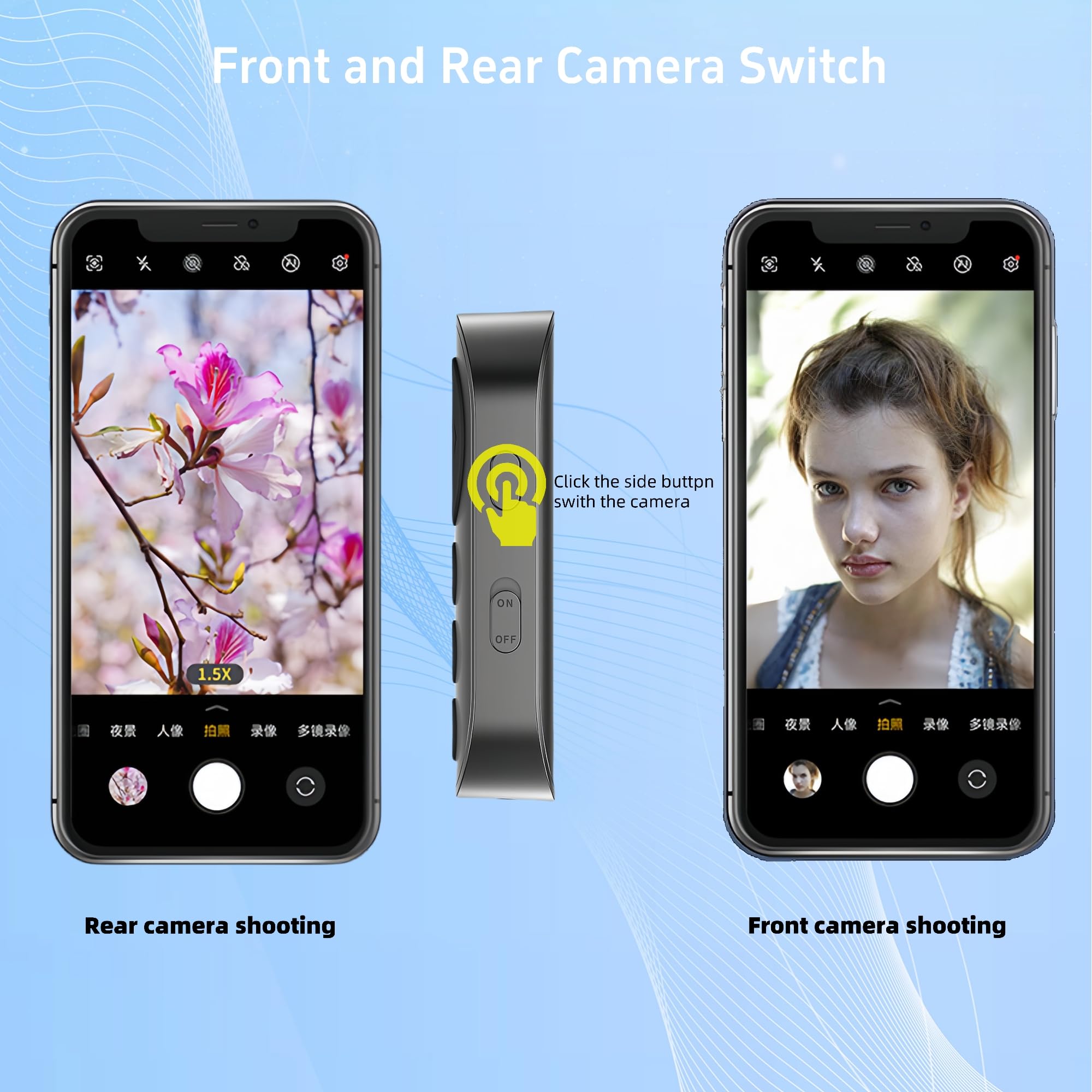 Déclencheur de caméra Bluetooth avec zoom, interrupteur avant/arrière, rechargeable pour iPhone et Android