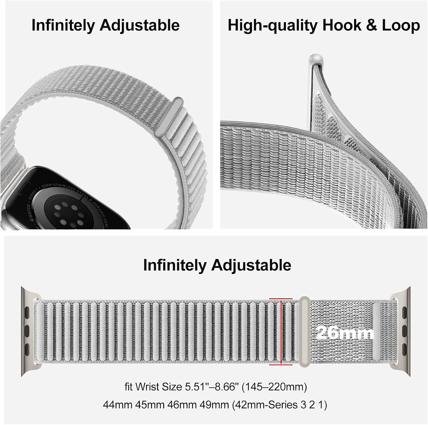 Sport Band Compatible with Apple Watch Bands Series 11 10 46mm, 9 8 7 45mm, 4 5 6 & SE 2 3 44mm, Ultra 49mm for Women Men, Stretchy Straps for iWatch, Breathable, Nylon Soft Loop Ideal for Outdoor