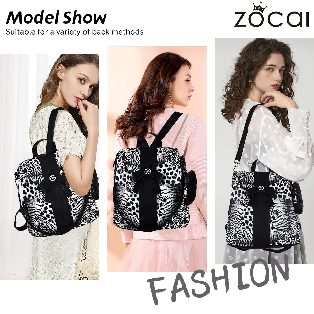 ZOCAI Mochila monedero para mujer de moda, carteras, de piel sintética, mochila diaria, antirrobo, bolso de hombro, monedero, Leopardo negro., M