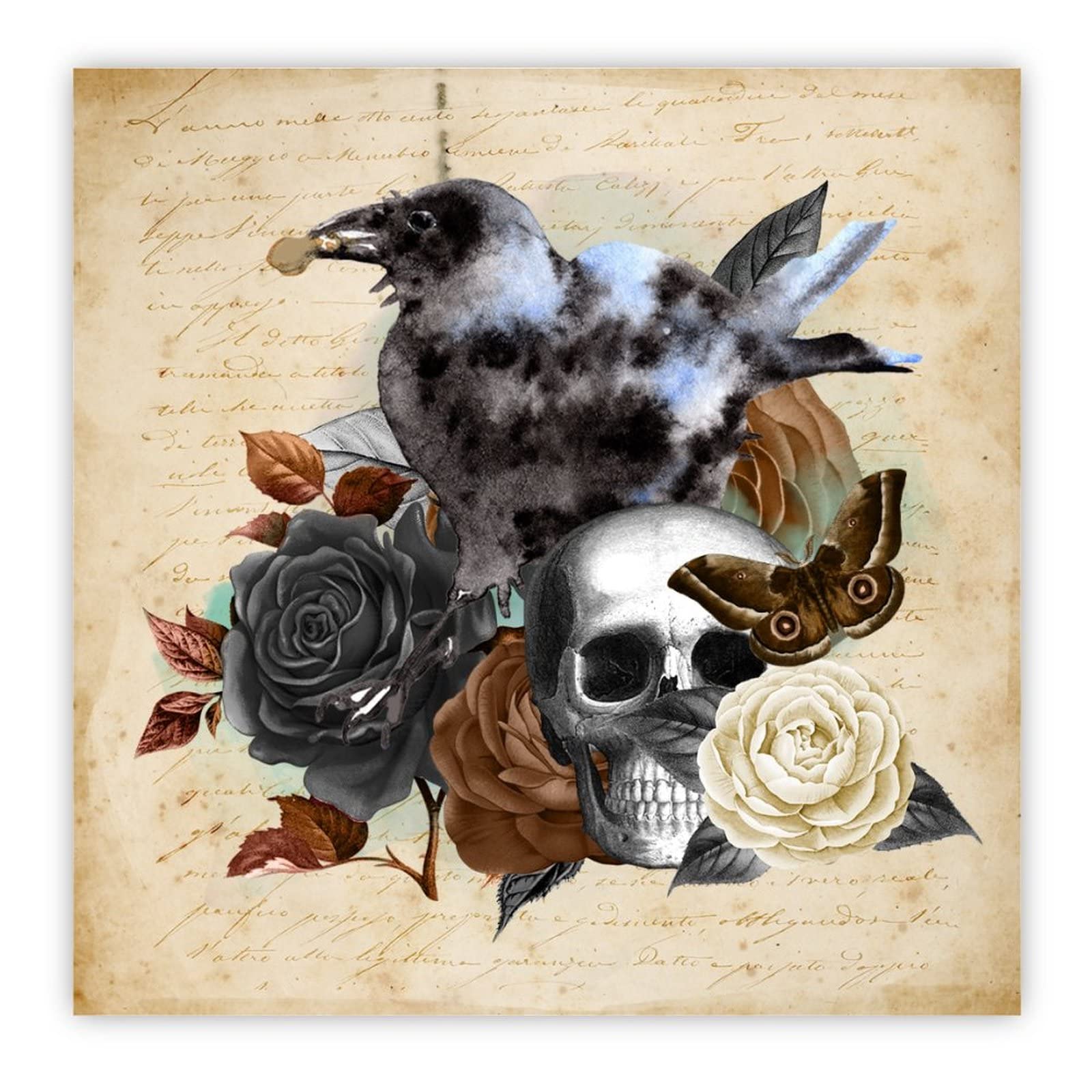 Panneau en bois Halloween Raven on Skull fleur noire décoration murale