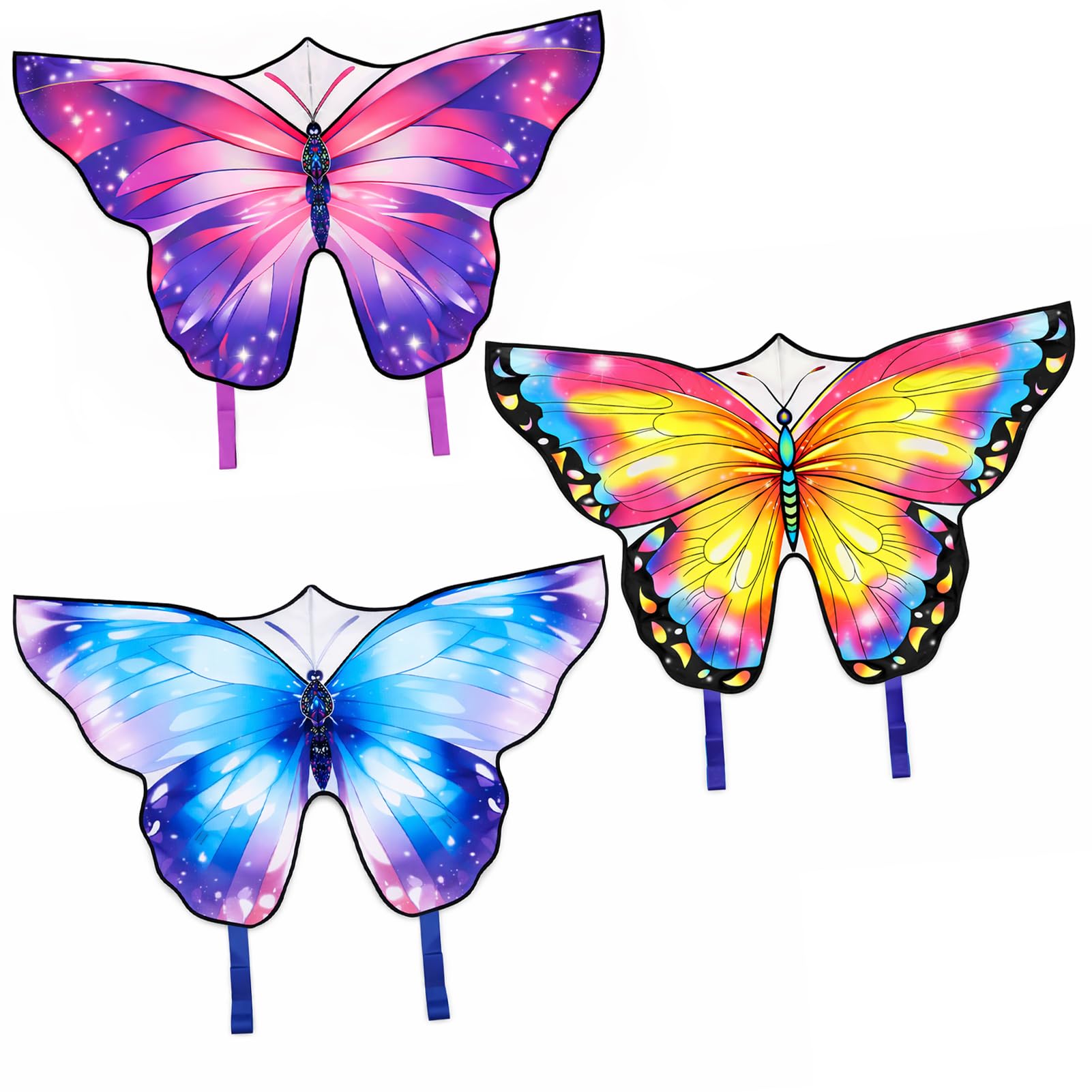 SUNNYNEST Butterfly Kite for Adults, Large Easy to Fly Beginner Kite with String & Handle, 121 x 71 cm Colourful Outdoor Kite for Beach, Garden & Family Activities (Blue+purple+Colorful, 3 PCS)