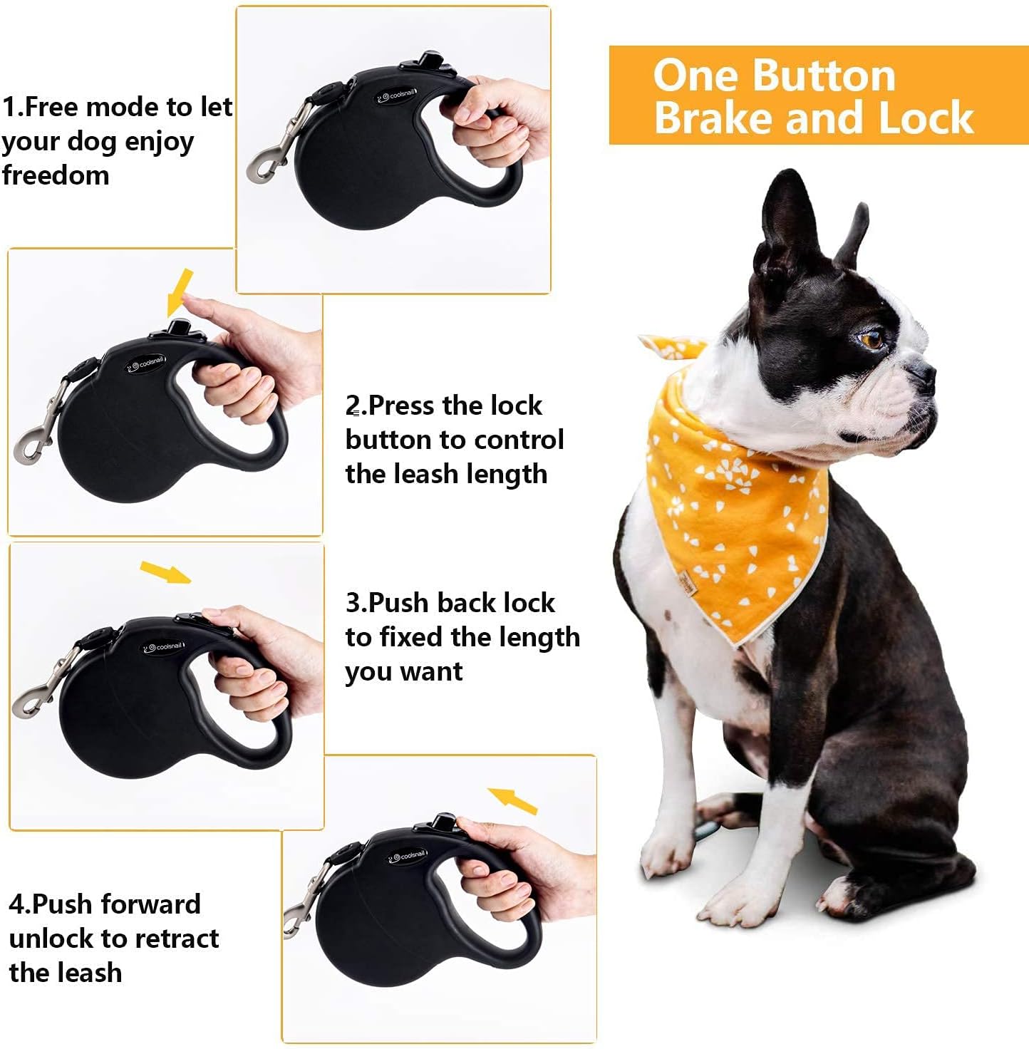 Coolsnail Heavy Duty Retractable Dog Leash with Anti-Slip Handle;Walking up to 120lbs Dogs,Upgraded Lock System,Tangle-Free,16ft Strong Reflective Nylon Tape(Black) : Pet Supplies