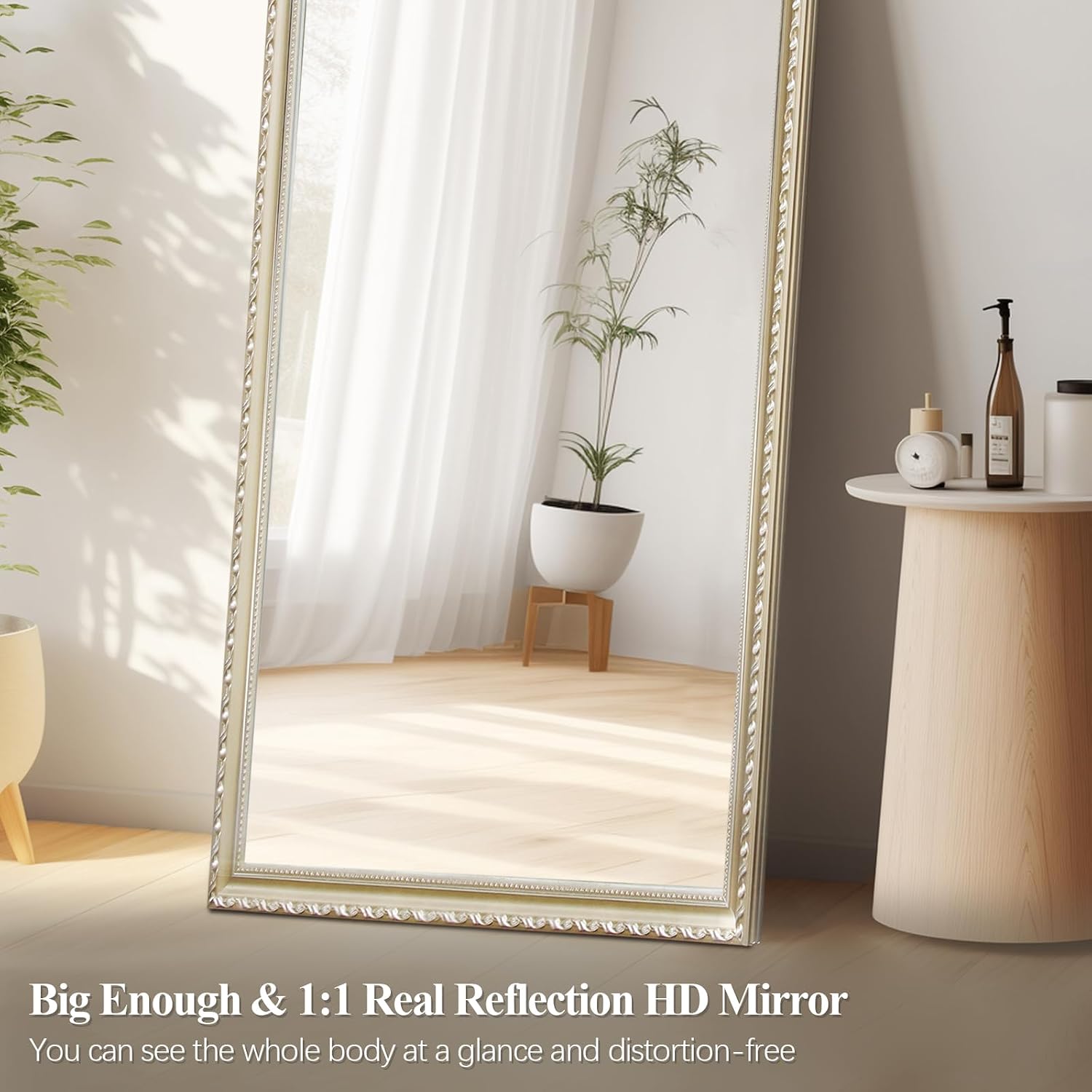 65"x22" Full Length Mirror, Vintage Carved Solid Wood Frame Wall Mirror Full Body Mirrors with Stand for Bedroom, Ultra HD Explosion Proof(Champagen)