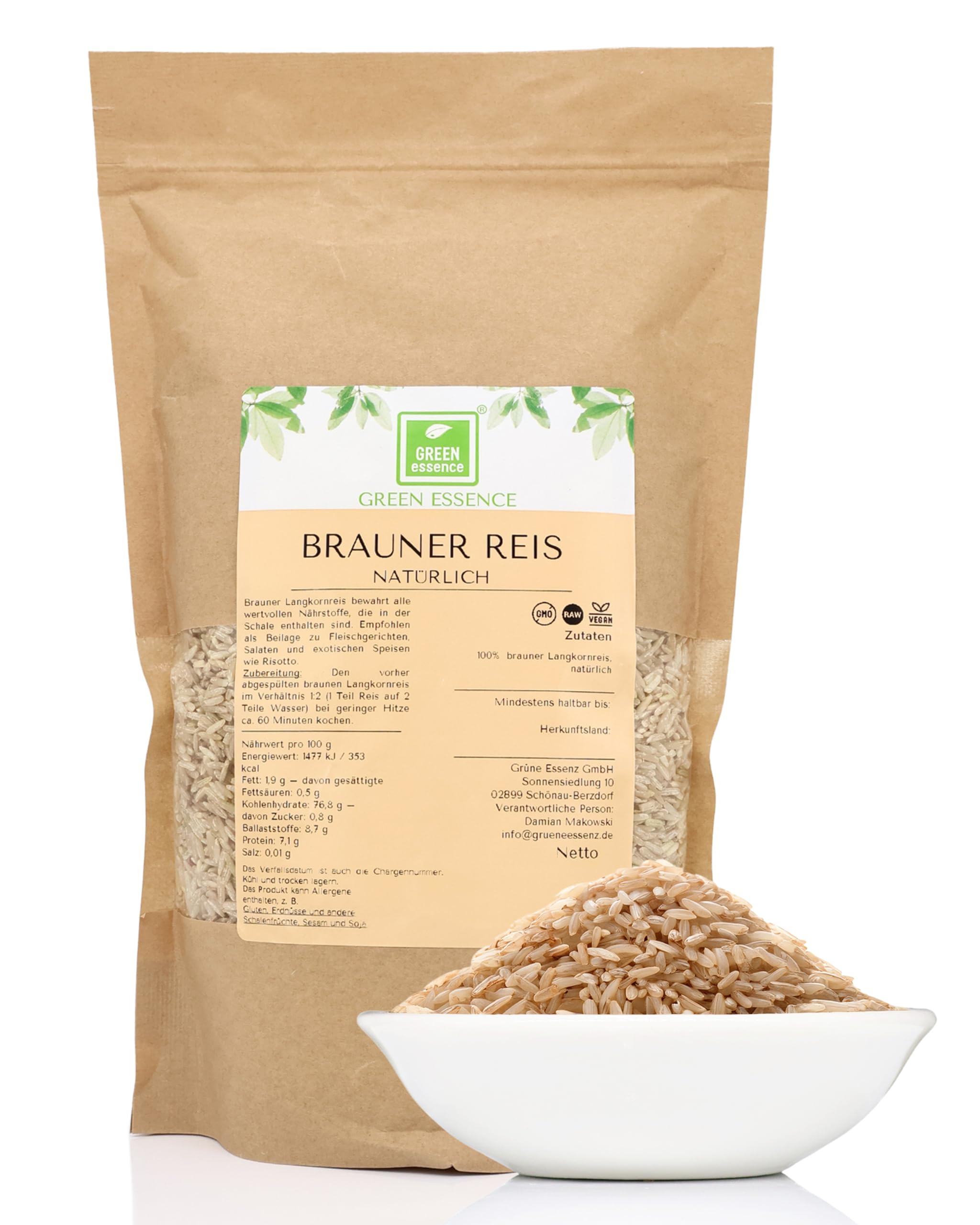 Brauner Vollkornreis Langkorn – 1 kg, Grüne Essenz