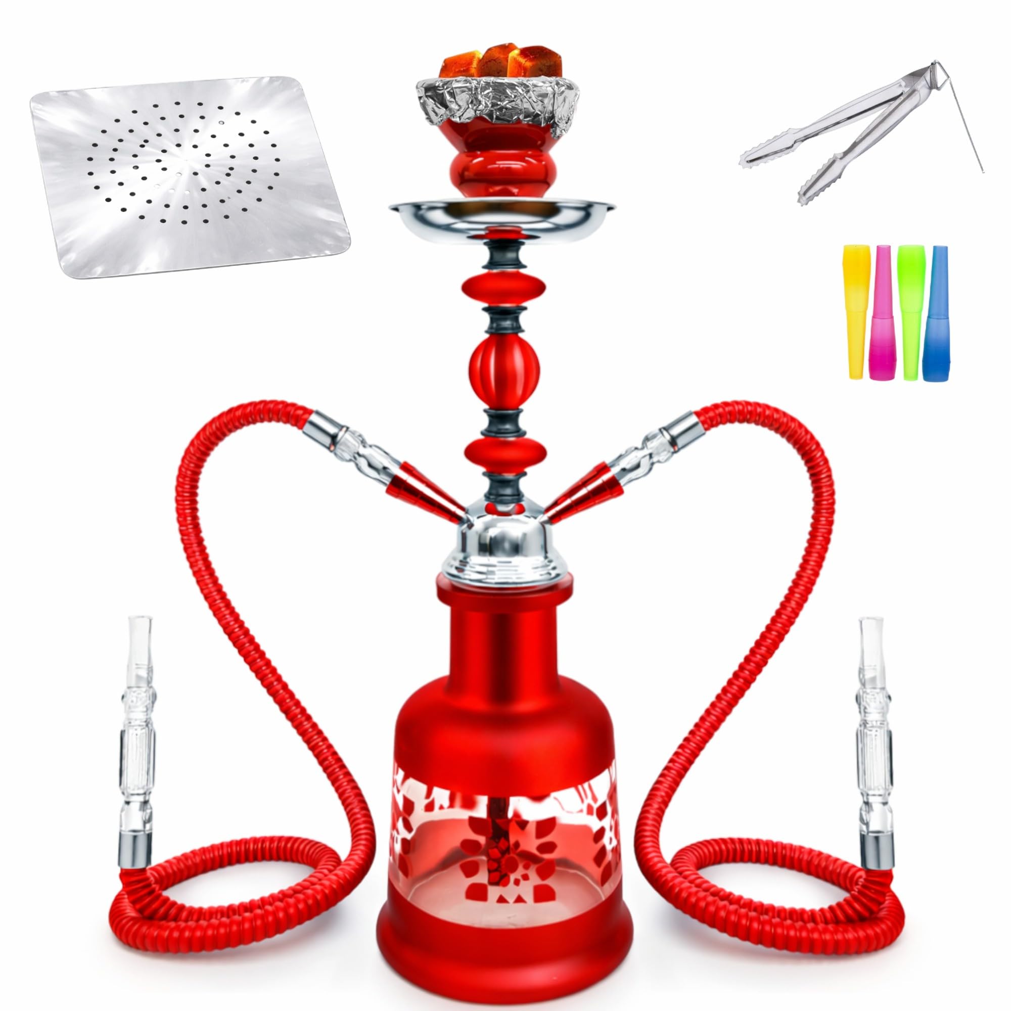 Tanya Hookah Kit 2 14-Inch 2 Hose Hookah Set Decorative Hookah Display with Glass Vase Ceramic Bowl Washable