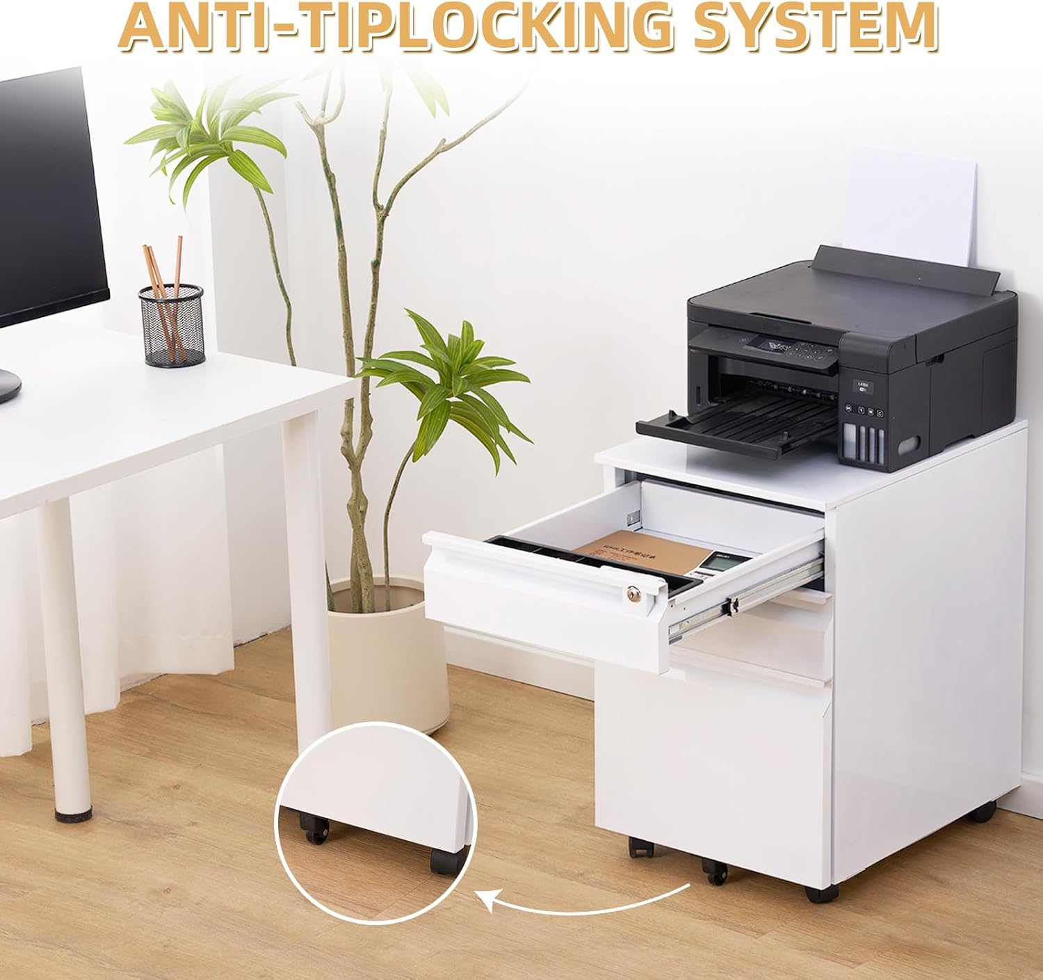 Filing Cabinets for Home Office Organizer, 3 Drawer Mobile File Cabinet with Lock & Anti-Tip Wheel,Under Desk Metal Filing Cabinets ForLetters/Legal/a4 (Un-Assembled)