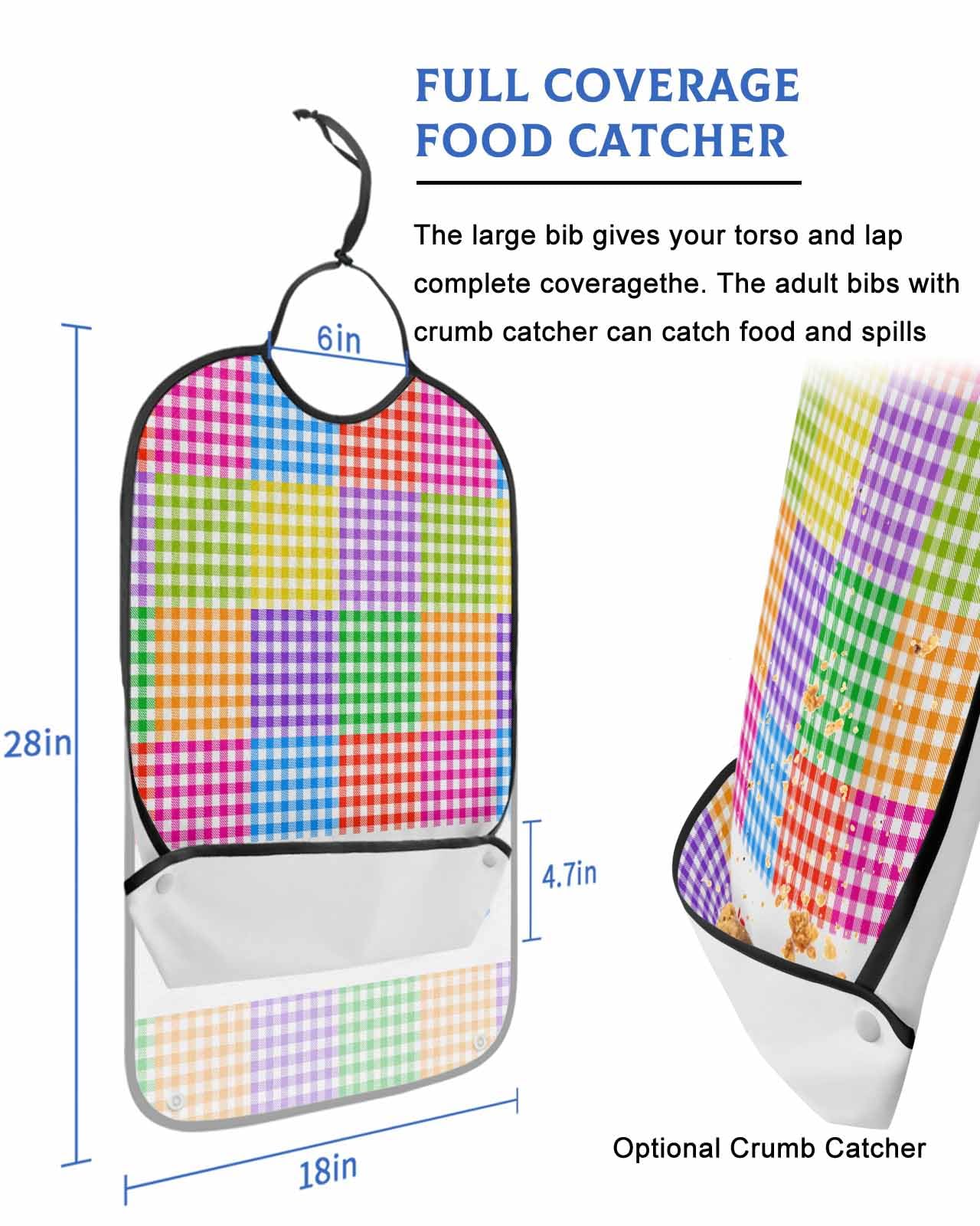 LEOKOTI Colorful Plaid Adult Bibs for Eating, Waterproof Bibs with Food Catcher & Adjustable Snap Closure, Farmhouse Watercolor Rainbow Checkered Washable Clothing Protectors Adult Bibs for Elderly