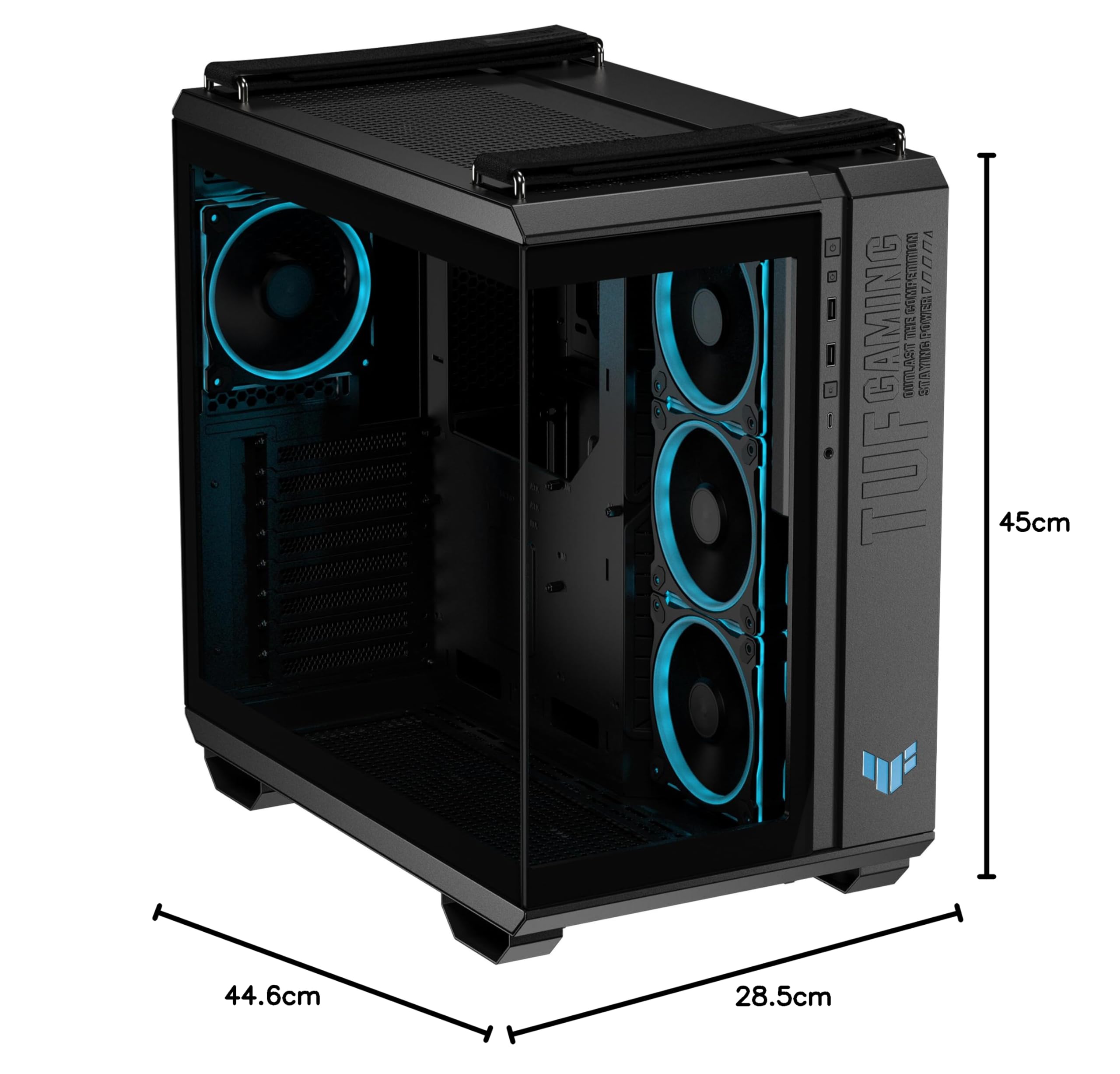 ASUS TUF GAMING GT502 HORIZON TG ARGB BLACK,Chassis a Doppia Camera con Design Panoramico e Pannello in Vetro, 4 Ventole ARGB Preinstallate, Porta USB-C ad Alta Velocità,Montabile senza Attrezzi, Nero