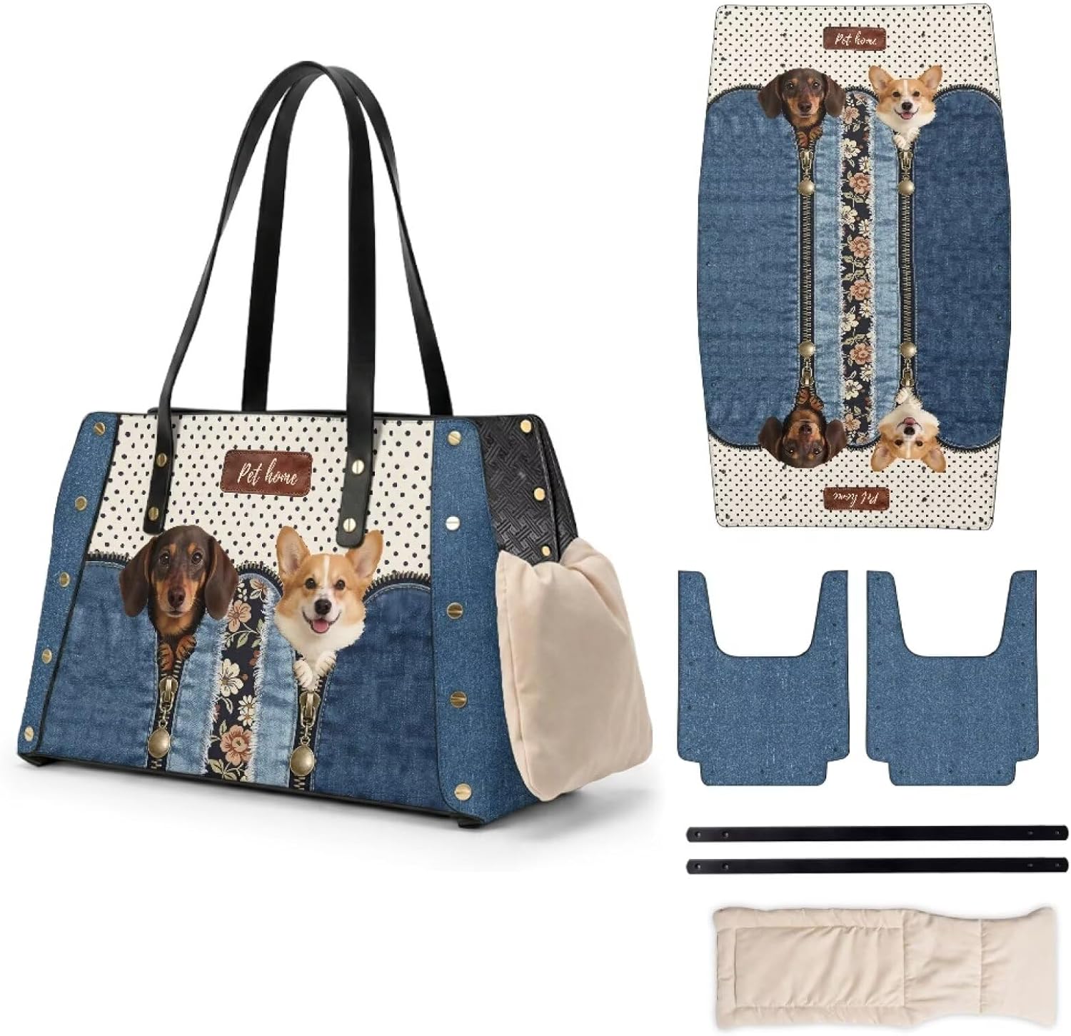 COEQINE Dachshund Corgi Blue Leather Purses for Women Tote Handbags Dachshund Corgi Denim Blue Printed Sling Dog Carriers for Small Dogs for Men Puppy Carrier Sling with Pillow Replacement,15x9x6 in