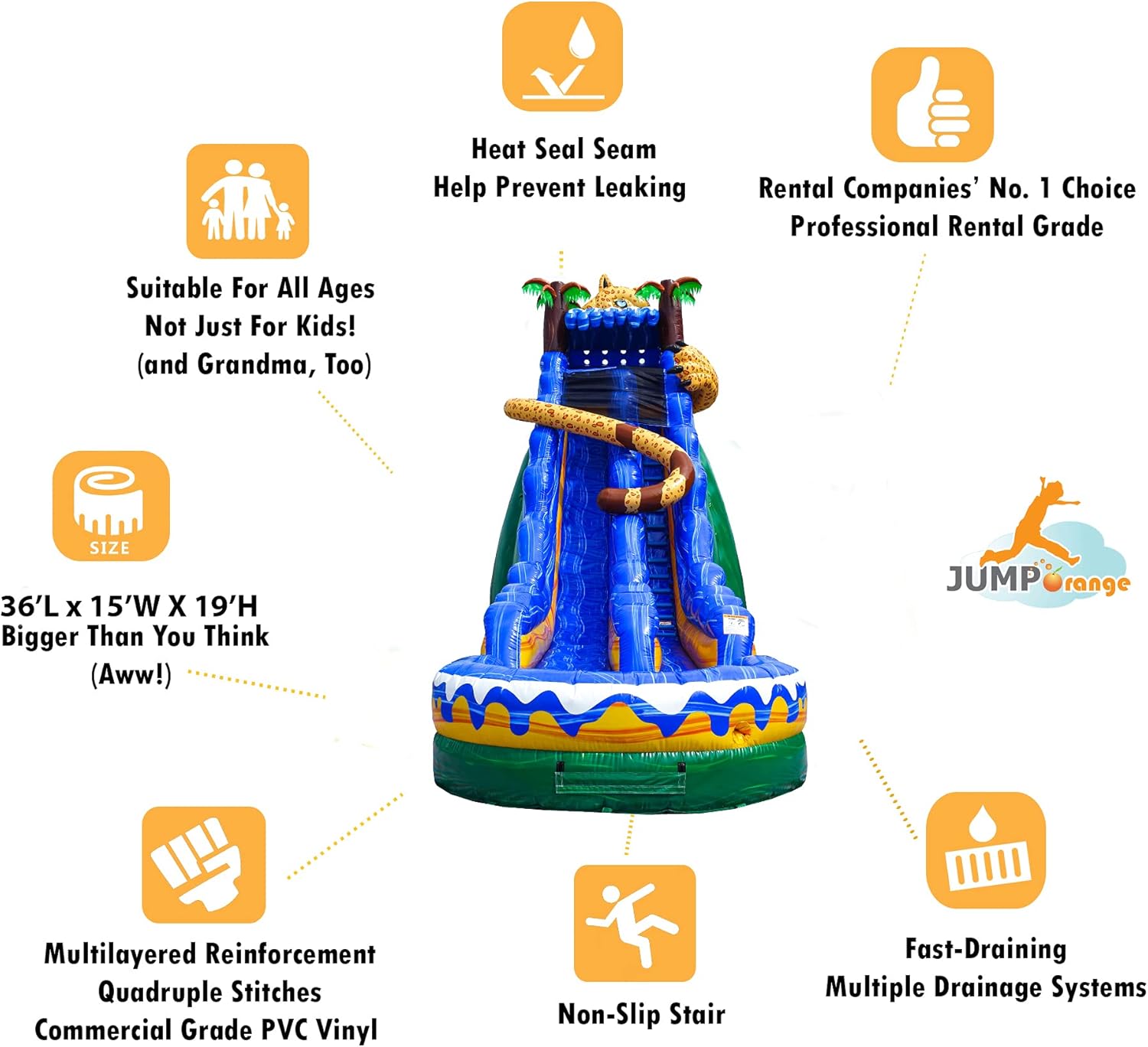 JumpOrange 19’ Jaguar Commercial Grade Water Slide with Splash Pool for Kids and Adults (with Blower), Outdoor Indoor, Wet Dry Use, Tall Inflatable