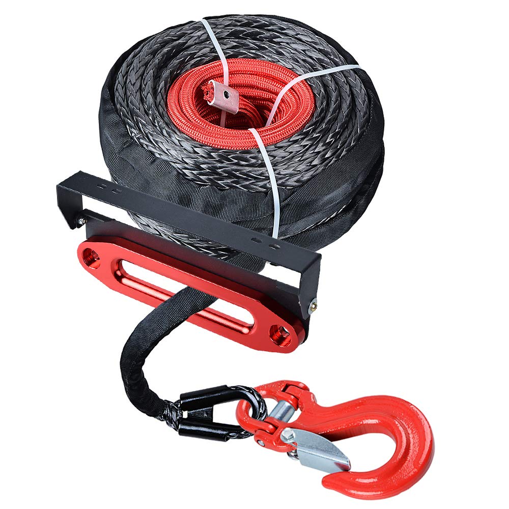 amopacorp 95 ft x 3/8 inch Synthetic Winch Rope with Flip-Up Hawse Fairlead Mounted License Plate Holder and Anodized Red 10