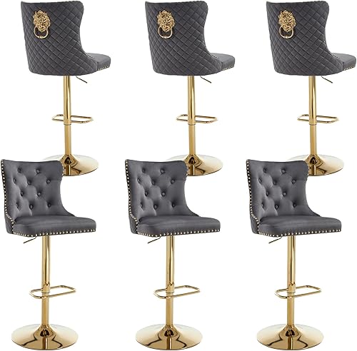 Miniatura 128 de Juego de 4 taburetes de bar giratorios ajustables de terciopelo con respaldo copetudo, ribete de cabezas de clavos y anillo de tracción, sillas de