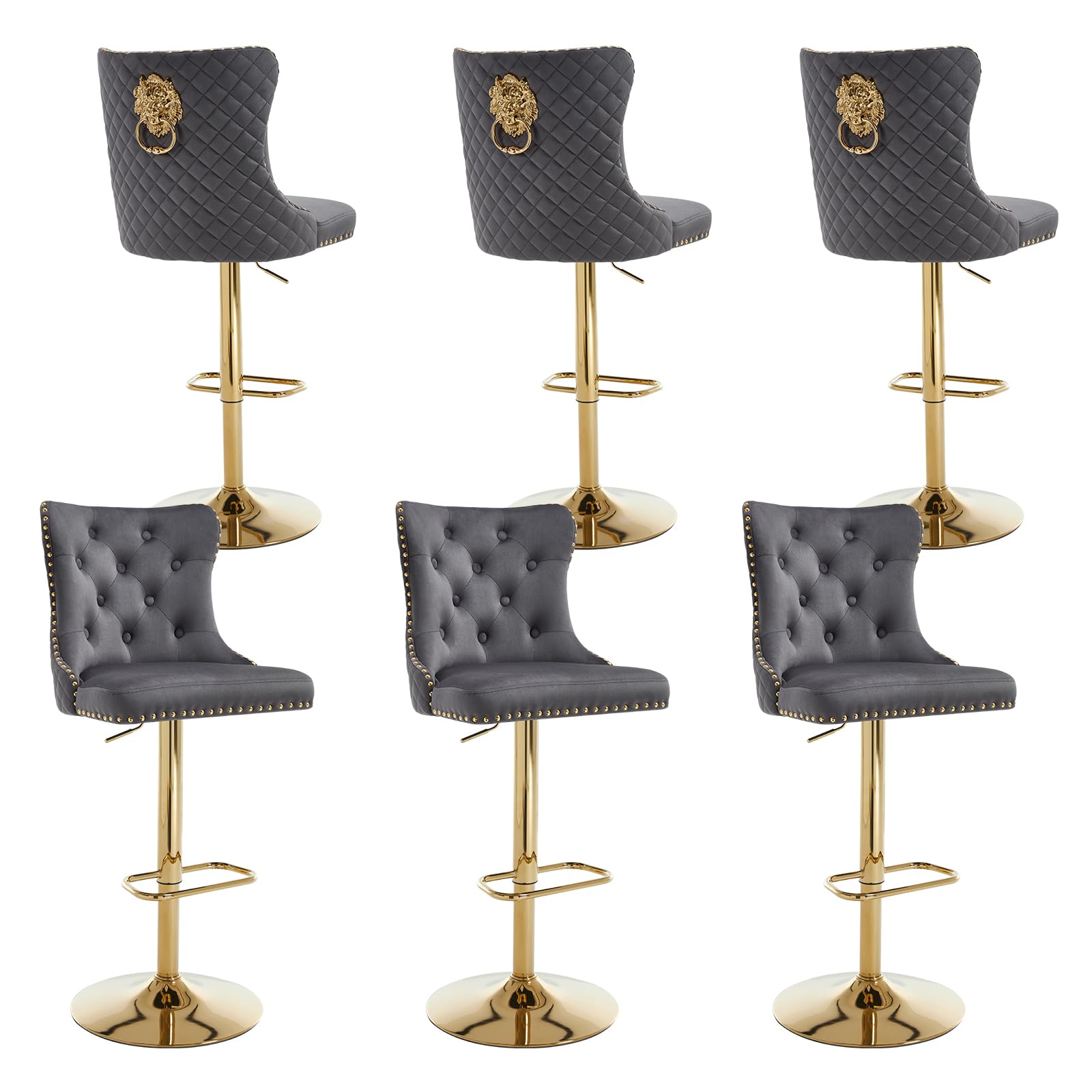 Swivel Gold Bar Stools Set of 6, Velvet Adjustable Barstools with Tufted Back, Nailheads Trim and Pull Ring, Counter Height Upholstered Bar Chairs for